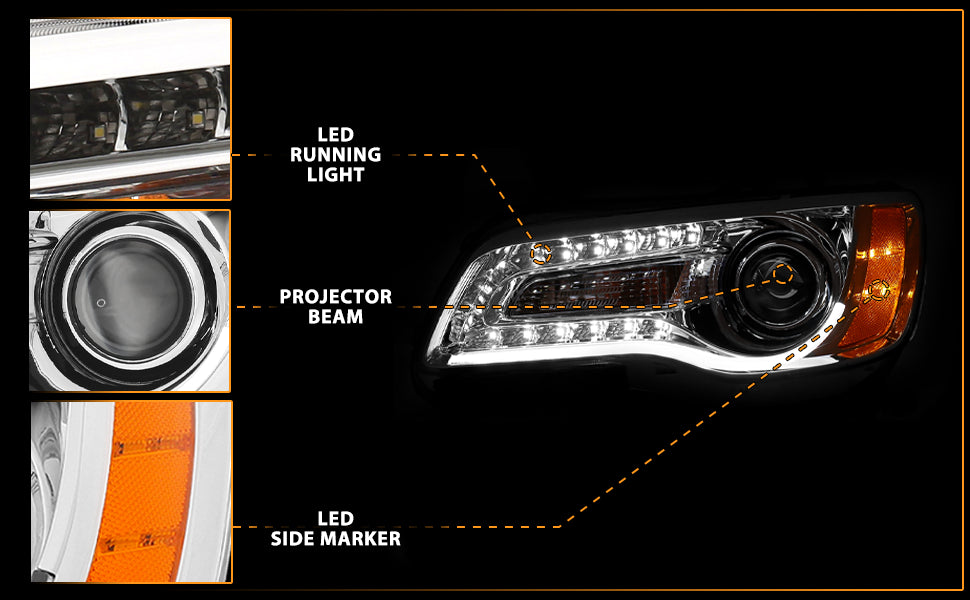CHRYSLER 300 11-UP PROJECTOR LIGHT BAR STYLE HEADLIGHTS CHROME CLEAR AMBER