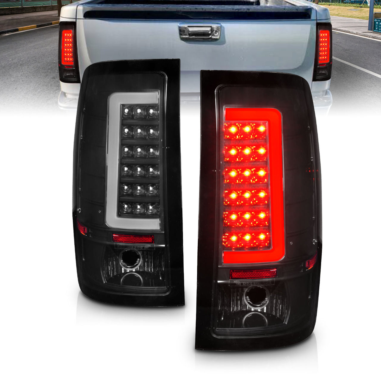 GMC SIERRA 1500 07-13 (EXCEPT '07 CLASSIC) / SIRRA 2500/3500 '07-'14 LED TAIL LIGHTS  BLACK HOUSING SMOKE LENS W/ C LIGHT BAR