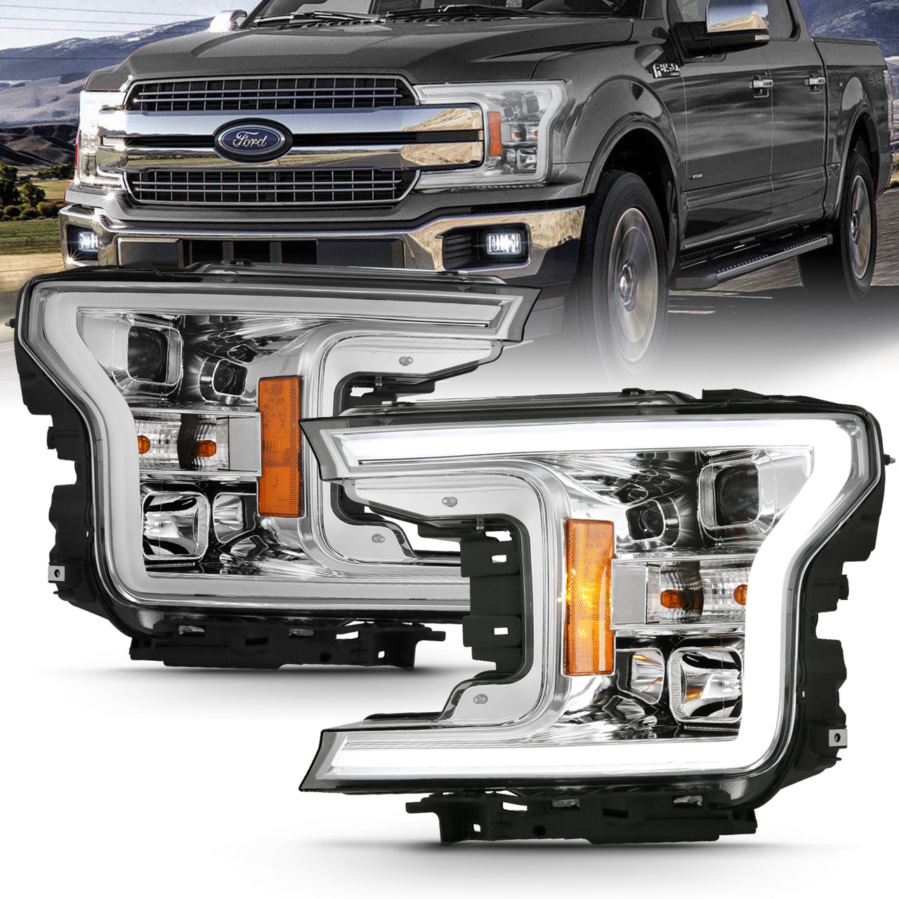 FORD F-150 18-20 PROJECTOR LIGHT BAR STYLE HEADLIGHTS CHROME AMBER