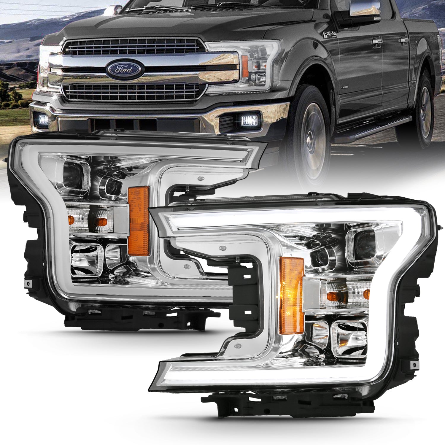 FORD F-150 18-20 PROJECTOR LIGHT BAR STYLE HEADLIGHTS CHROME AMBER