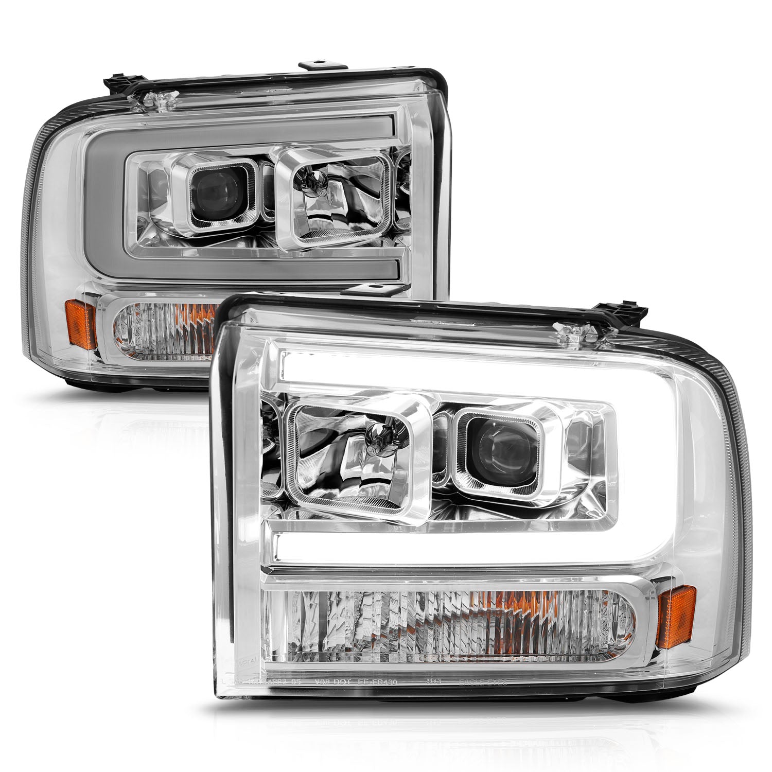 FORD F-250/350/450/550 SUPERDUTY 05-07/EXCURSION 2005 PROJECTOR HEADLIGHTS CHROME AMBER (W/ C LIGHTS BAR)