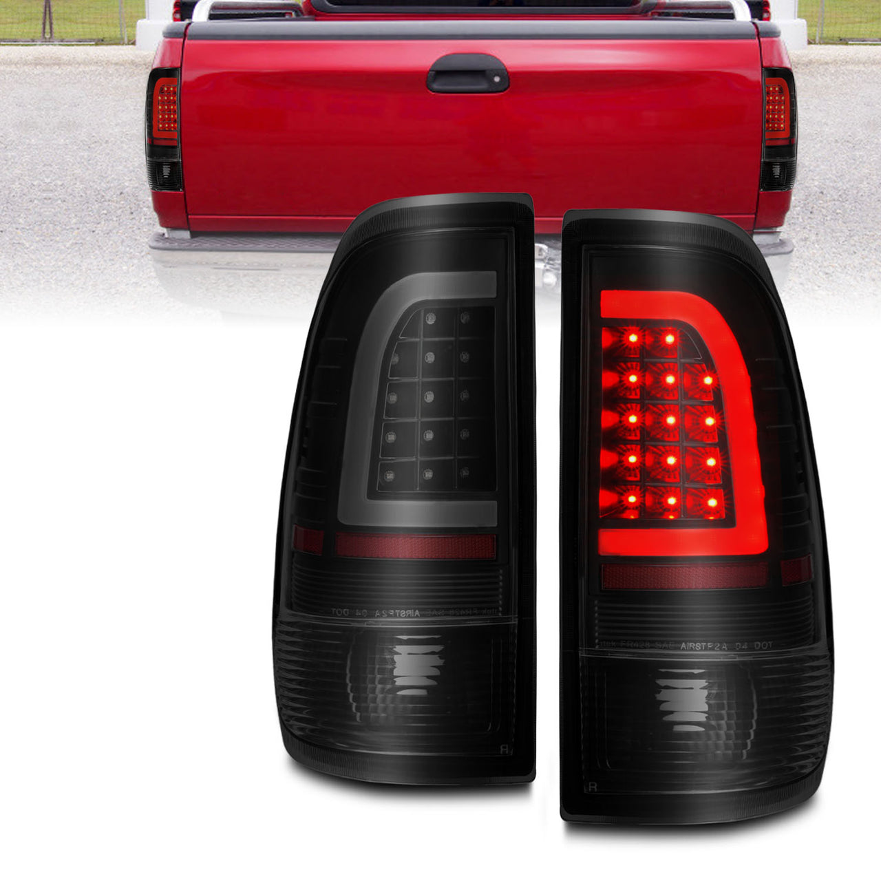FORD F-150/F250 97-04 STYLESIDE/SUPER DUTY 99-07 LED TAIL LIGHTS BLACK HOUSING SMOKE LENS W/ C LIGHT BAR