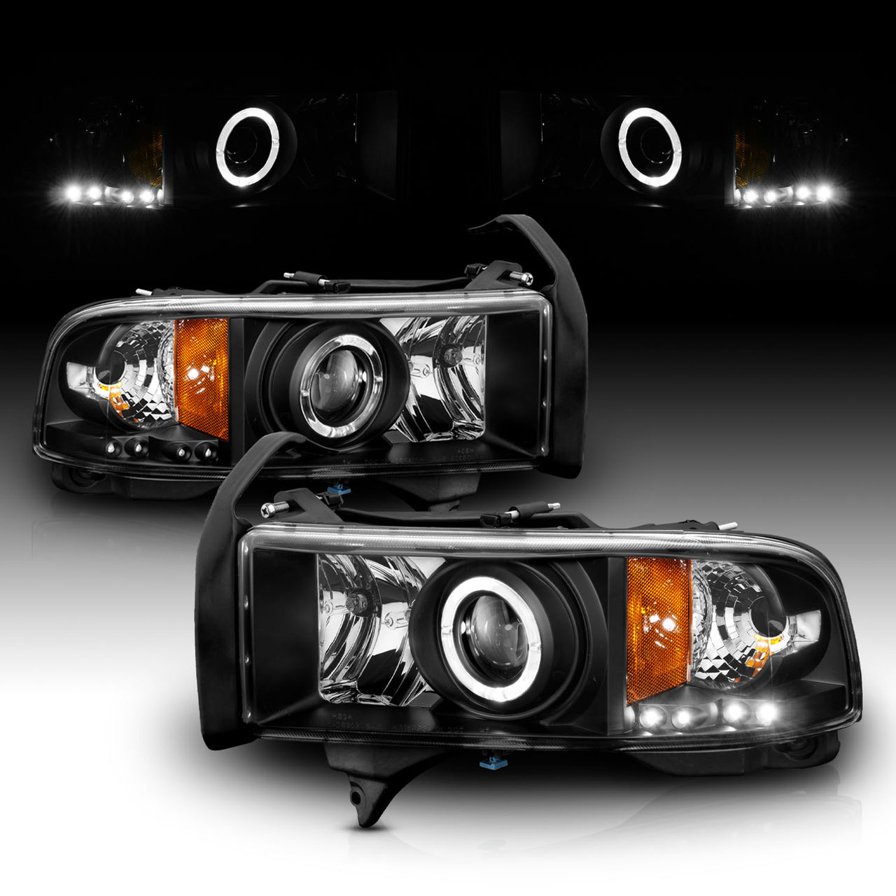 DODGE RAM 94-01 PROJECTOR HEADLIGHTS HALO BLACK CLEAR AMBER