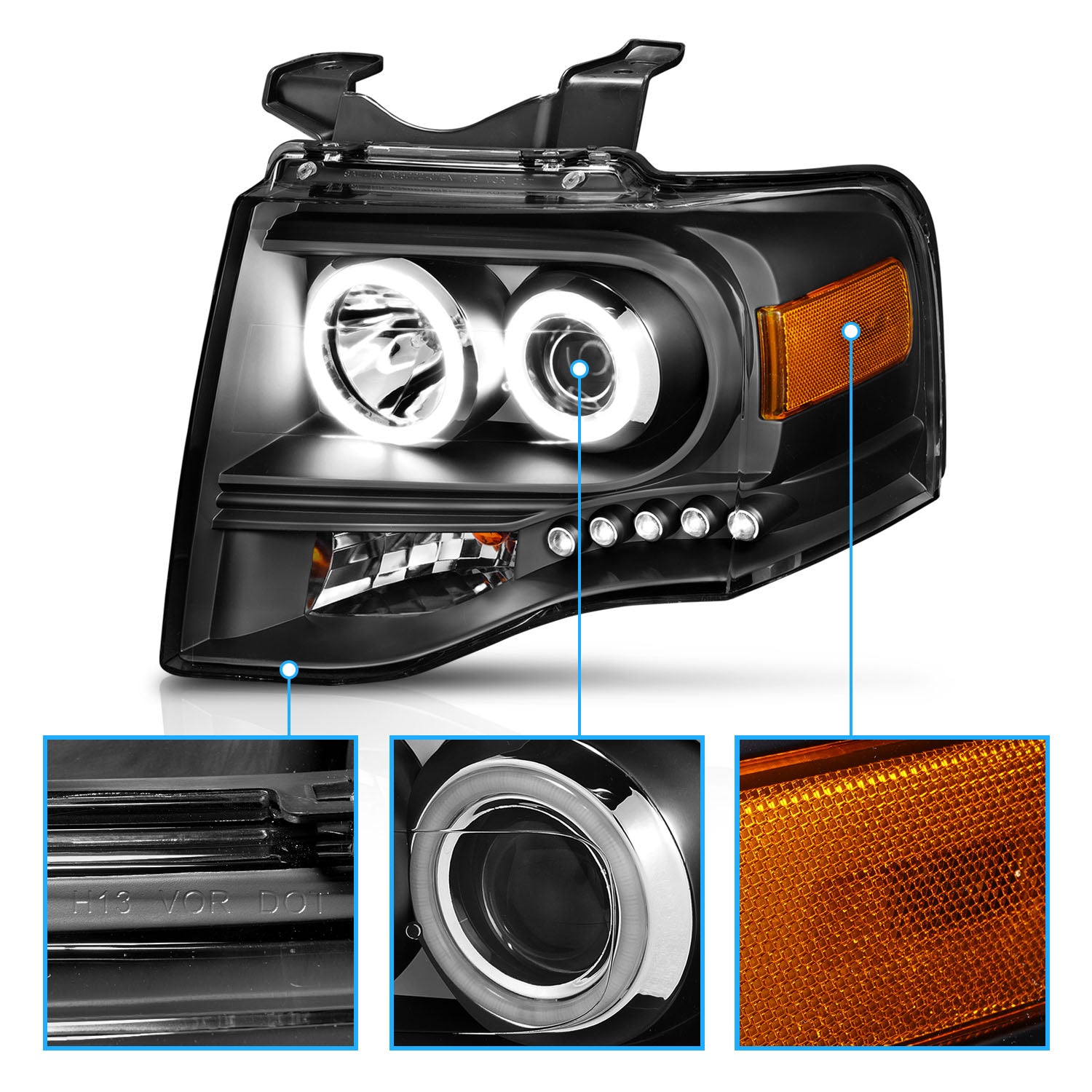 FORD EXPEDITION 07-08 PROJECTOR HEADLIGHTS BLACK CLEAR AMBER