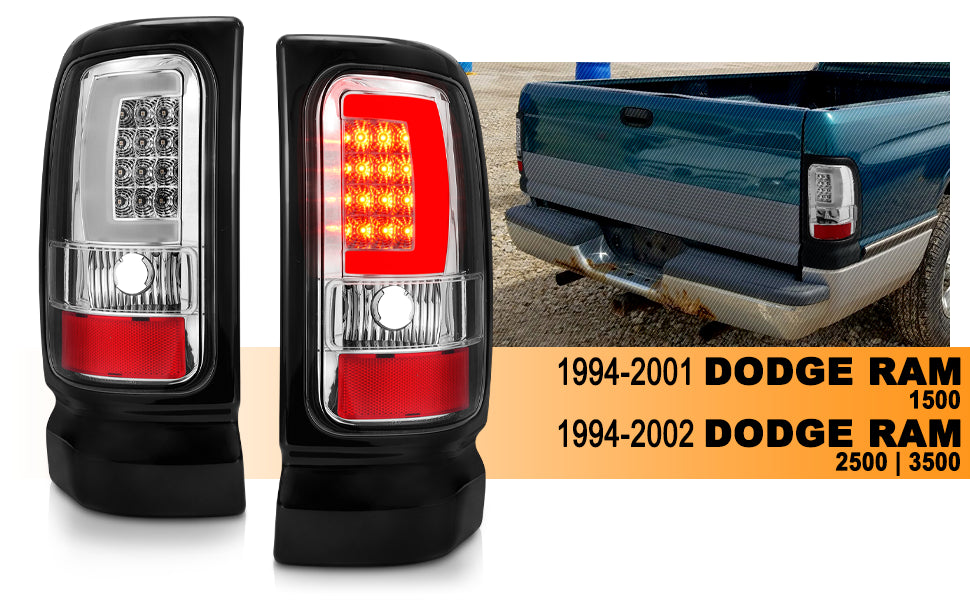 DODGE RAM 94-01  LED TAIL LIGHTS CHROME HOUSING CLEAR LENS W/ C LIGHT BAR