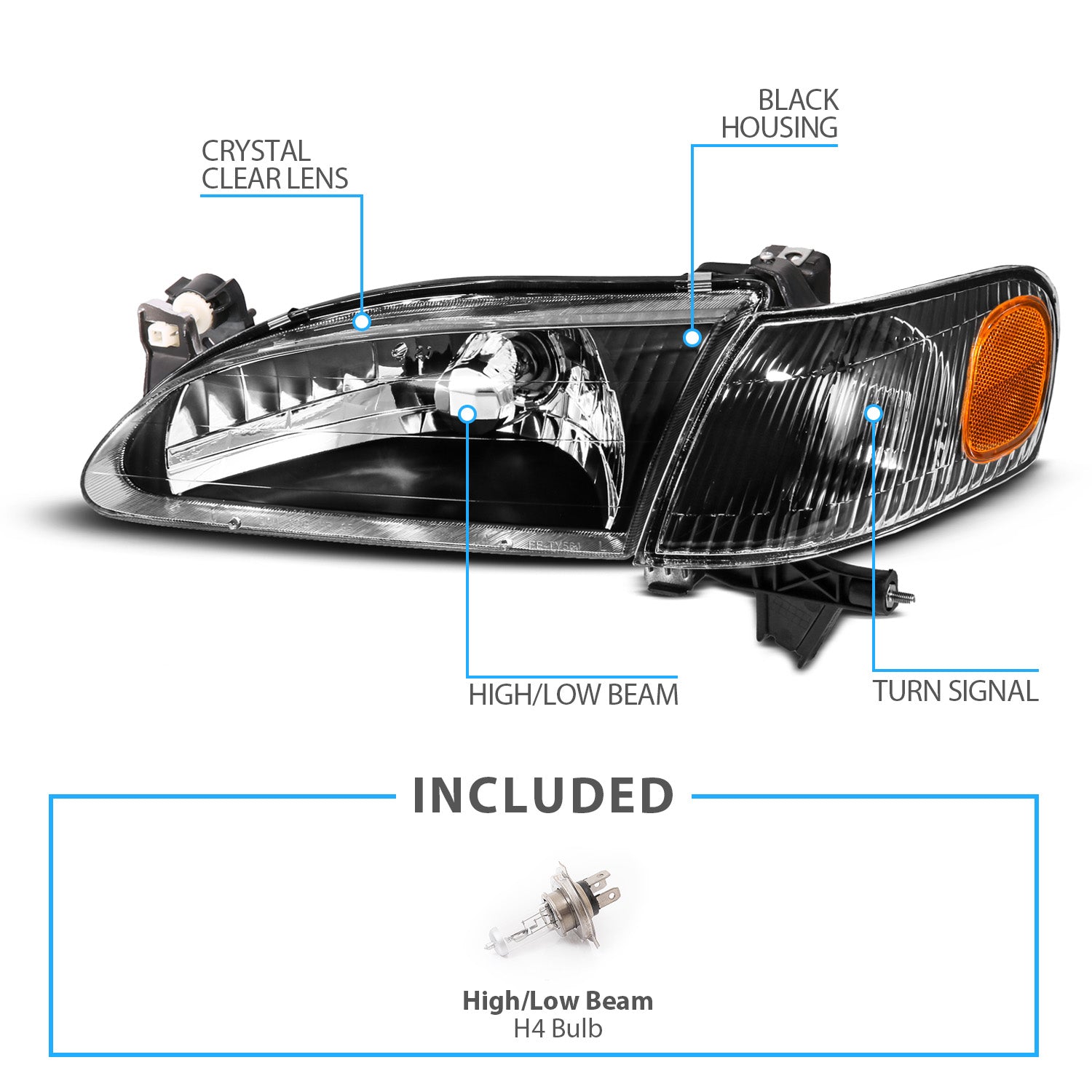 TOYOTA COROLLA 98-00 CRYSTAL HEADLIGHTS BLACK AMBER W/ CORNER LIGHTS