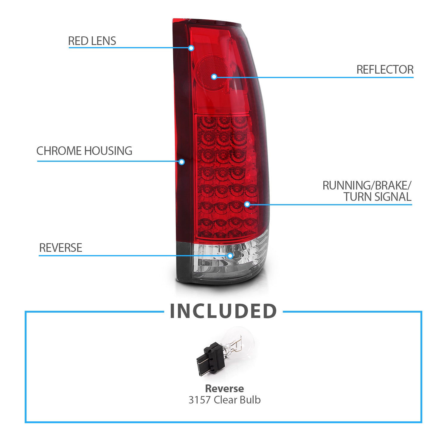 CHEVY /GMC C/K 1500/2500/3500 88-99, SUBURBAN/YUKON 92-00, TAHOE 94-00, BLAZER 92-94, CADILLAC ESCALADE 99-00 LED TAIL LIGHTS CHROME HOUSING RED LENS G2