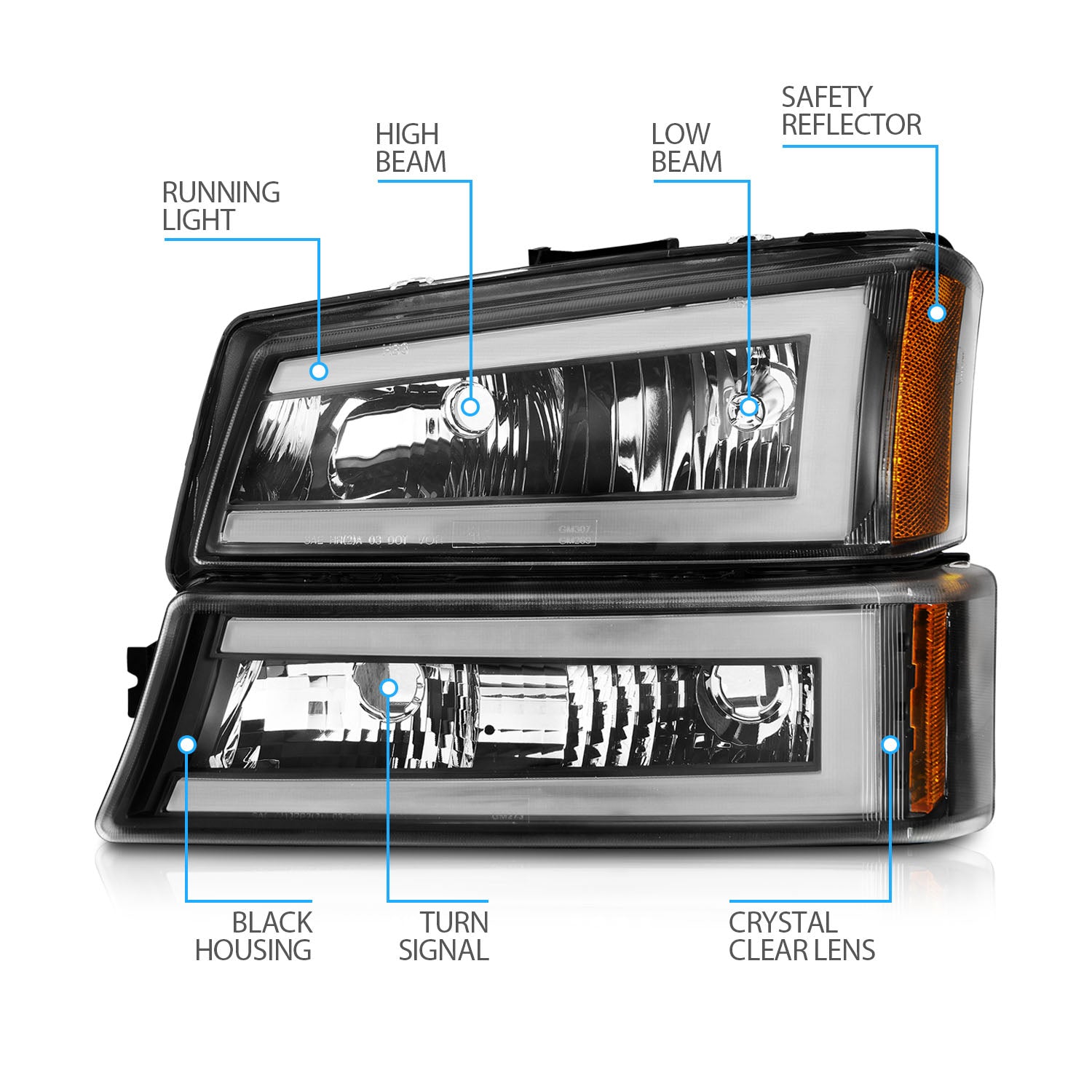 CHEVY SILVERADO 03-07/ AVALANCHE 02-06 HEADLIGHTS W/ SIGNAL LIGHT BLACK HOUSING AMBER (4 PCS) (W/ C LIGHT BAR) W/O BODY CLADDING