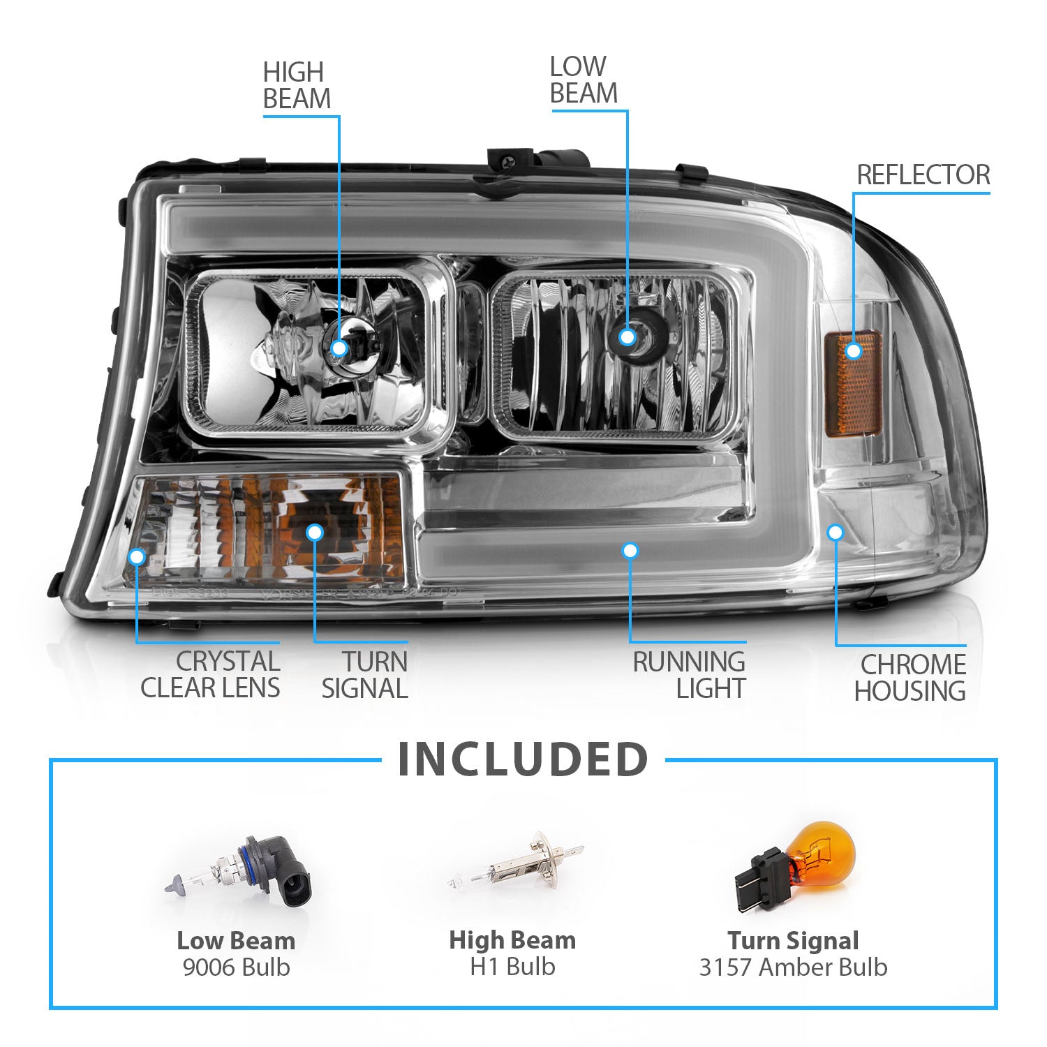 DODGE DAKOTA/DURANGO 97-04/98-03 HEADLIGHTS CHROME W/C LIGHT BAR