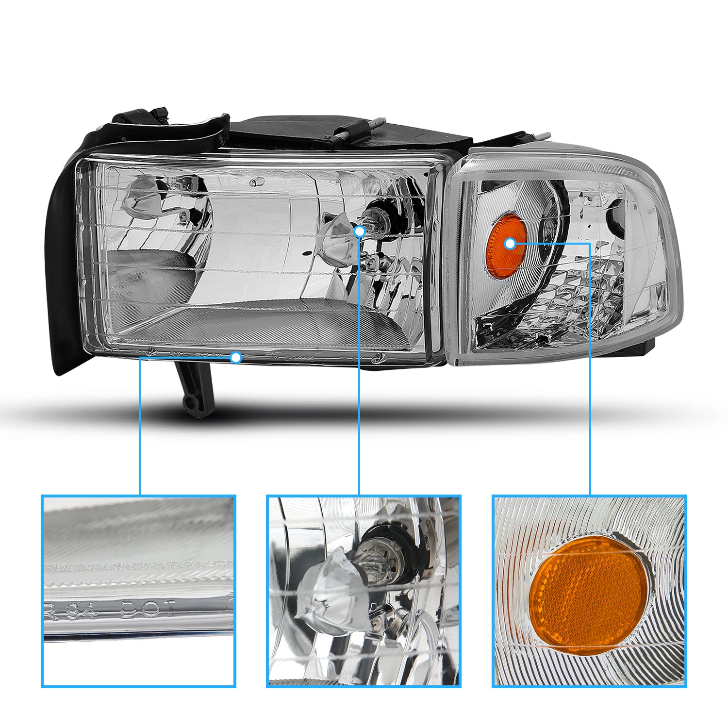 DODGE RAM 94-01 CRYSTAL HEADLIGHTS CHROME AMBER W/ CORNER LIGHTS