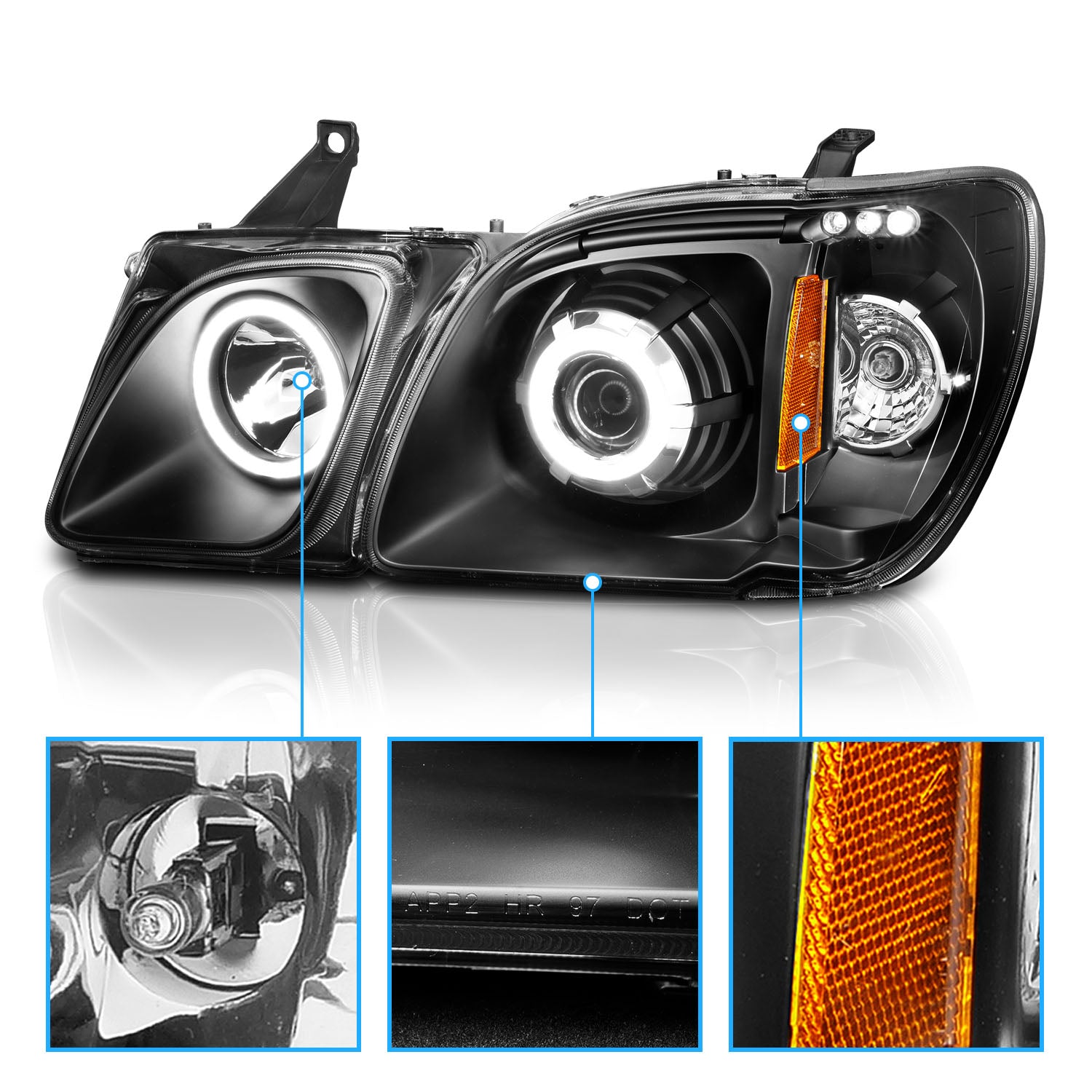LEXUS LX470 98-07 PROJECTOR HEADLIGHTS HALO BLACK CLEAR AMBER (RX HALO)