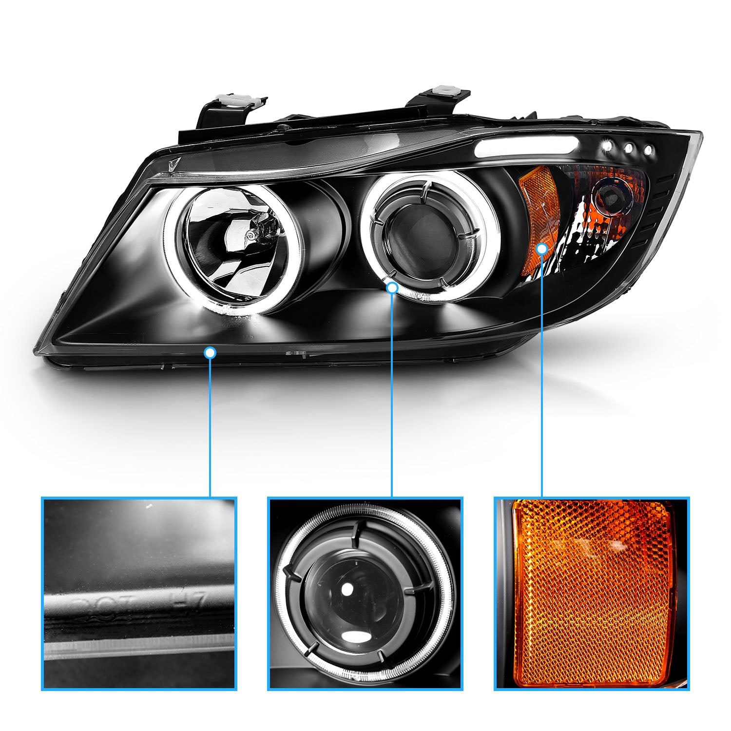 BMW 3 SERIES E90/E91 06-08 4DR/WAGON PROJECTOR HEADLIGHTS HALO W/ LED BAR BLACK CLEAR AMBER (RX HALO)