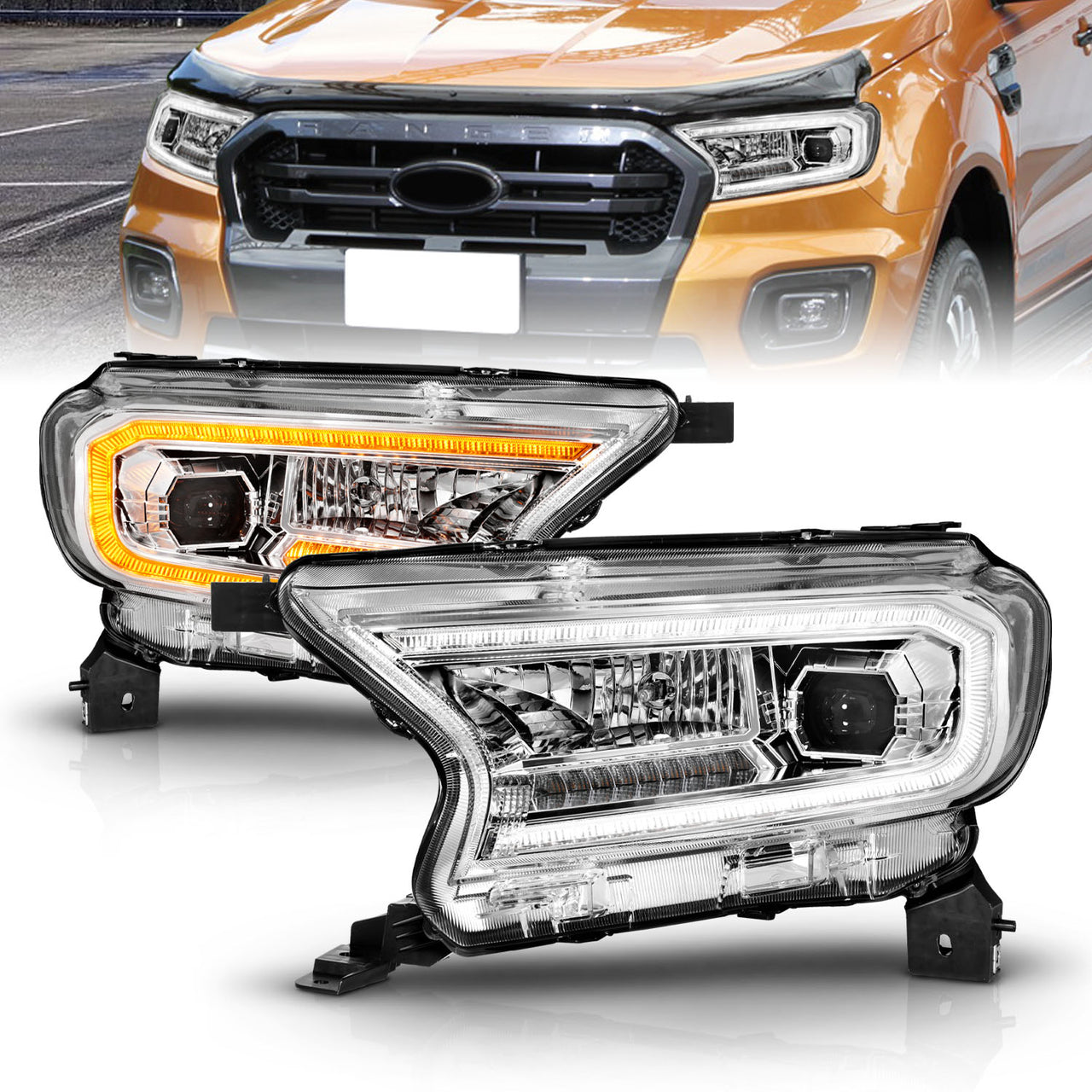 FORD RANGER 19-23 PROJECTOR HEADLIGHTS CHROME HOUSING CLEAR LENS SEQUENTIAL LIGHT BAR W/DRL
