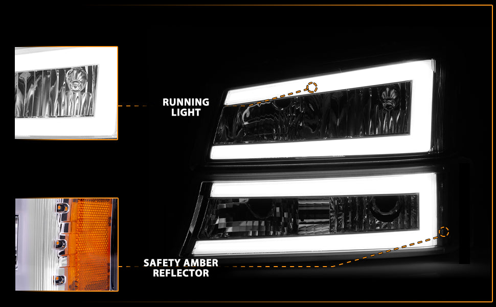CHEVY SILVERADO 03-07/ AVALANCHE 02-06 HEADLIGHTS W/ SIGNAL LIGHT CHROME HOUSING AMBER (4 PCS) (W/ C LIGHT BAR) W/O BODY CLADDING