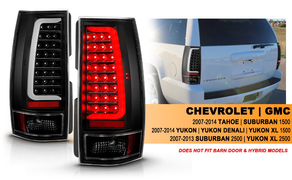 CHEVY TAHOE/SUBURBAN 07-14 LED TAIL LIGHTS BLACK HOUSING CLEAR LENS W/ C LIGHT BAR