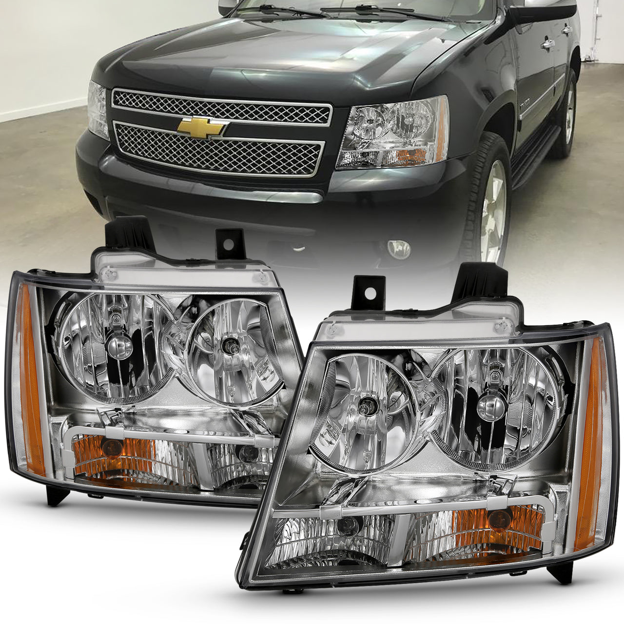 CHEVY TAHOE/SUBURBAN/AVALANCHE 07-14 HEADLIGHTS CHROME AMBER (OE REPLACEMENT)