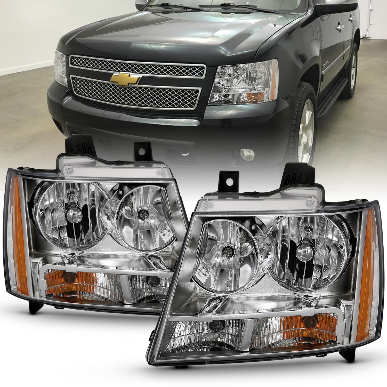 CHEVY TAHOE/SUBURBAN/AVALANCHE 07-14 HEADLIGHTS CHROME AMBER (OE REPLACEMENT)