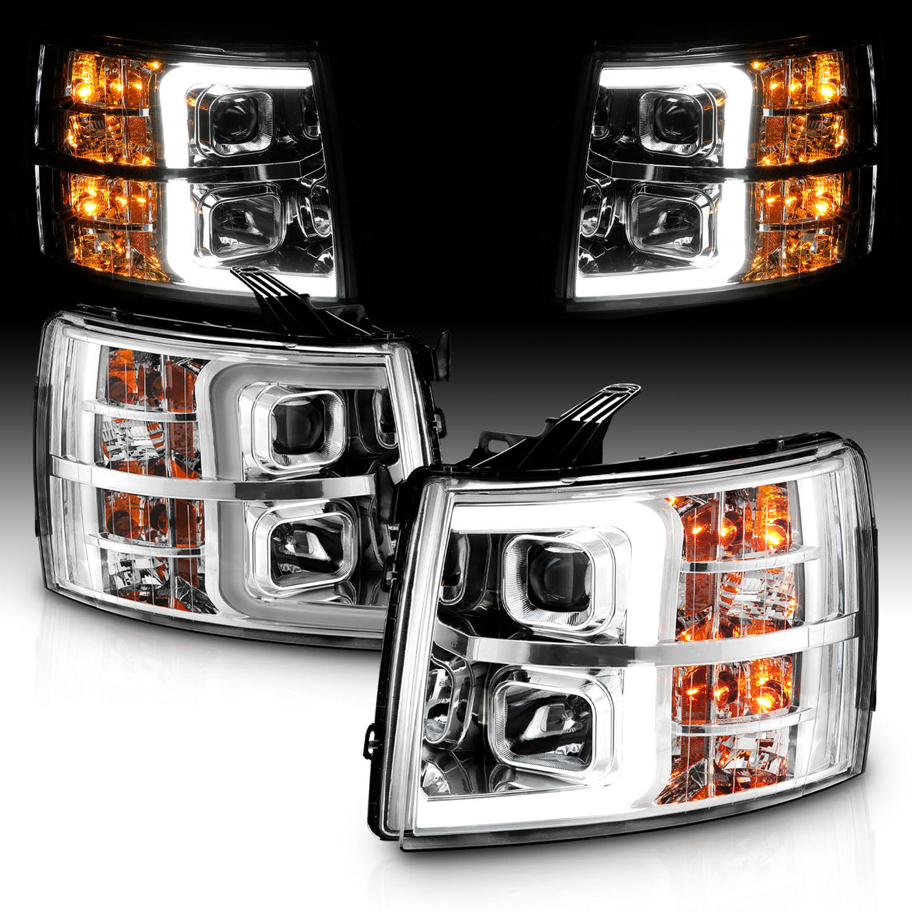 CHEVY SILVERADO 1500/2500/3500 07-13/1500 HYBRID 09-13 LIGHT BAR STYLE HEADLIGHTS CHROME AMBER