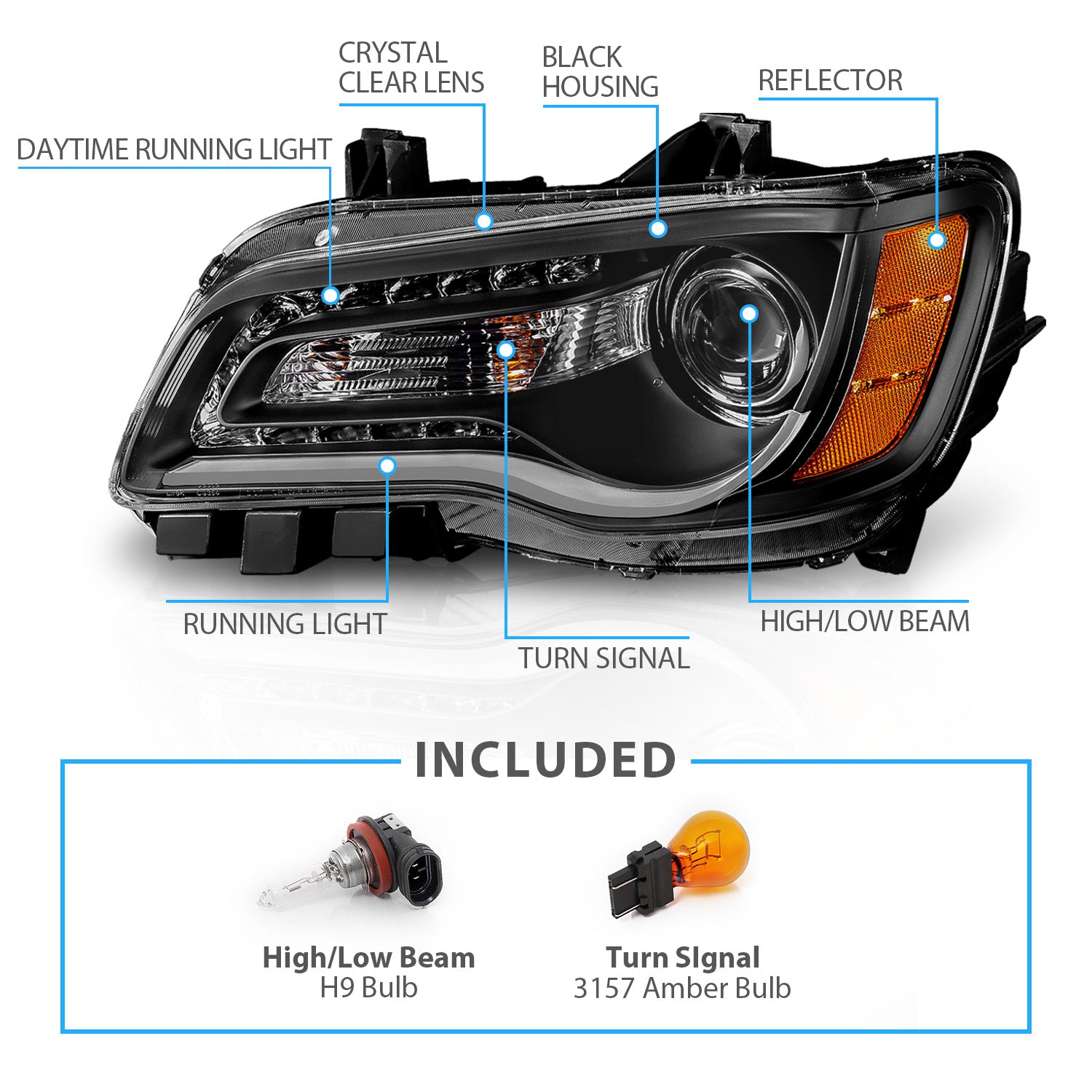 CHRYSLER 300 11-UP PROJECTOR LIGHT BAR STYLE HEADLIGHTS BLACK CLEAR AMBER