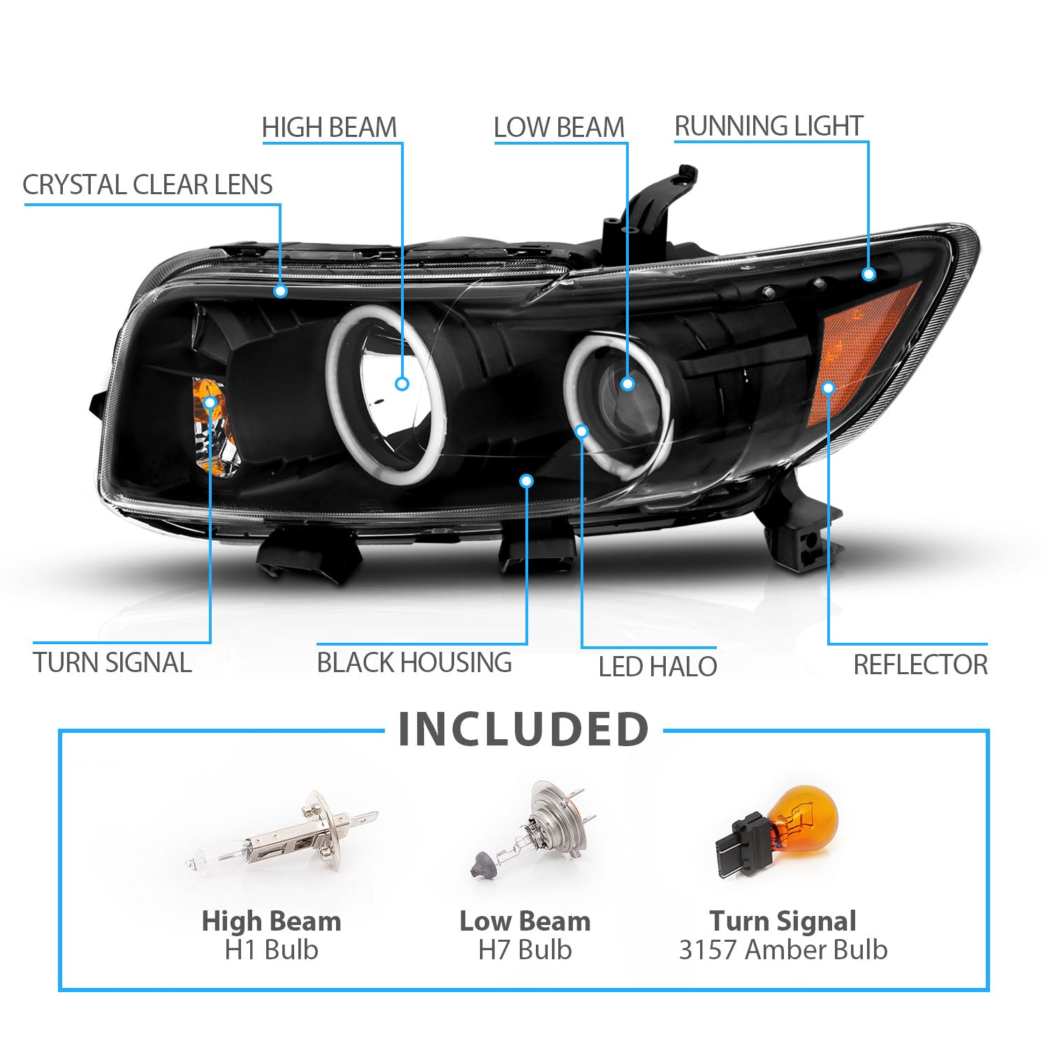 SCION XB 08-10 PROJECTOR HEADLIGHTS HALO W/O CCFL BAR BLACK AMBER (RX HALO)