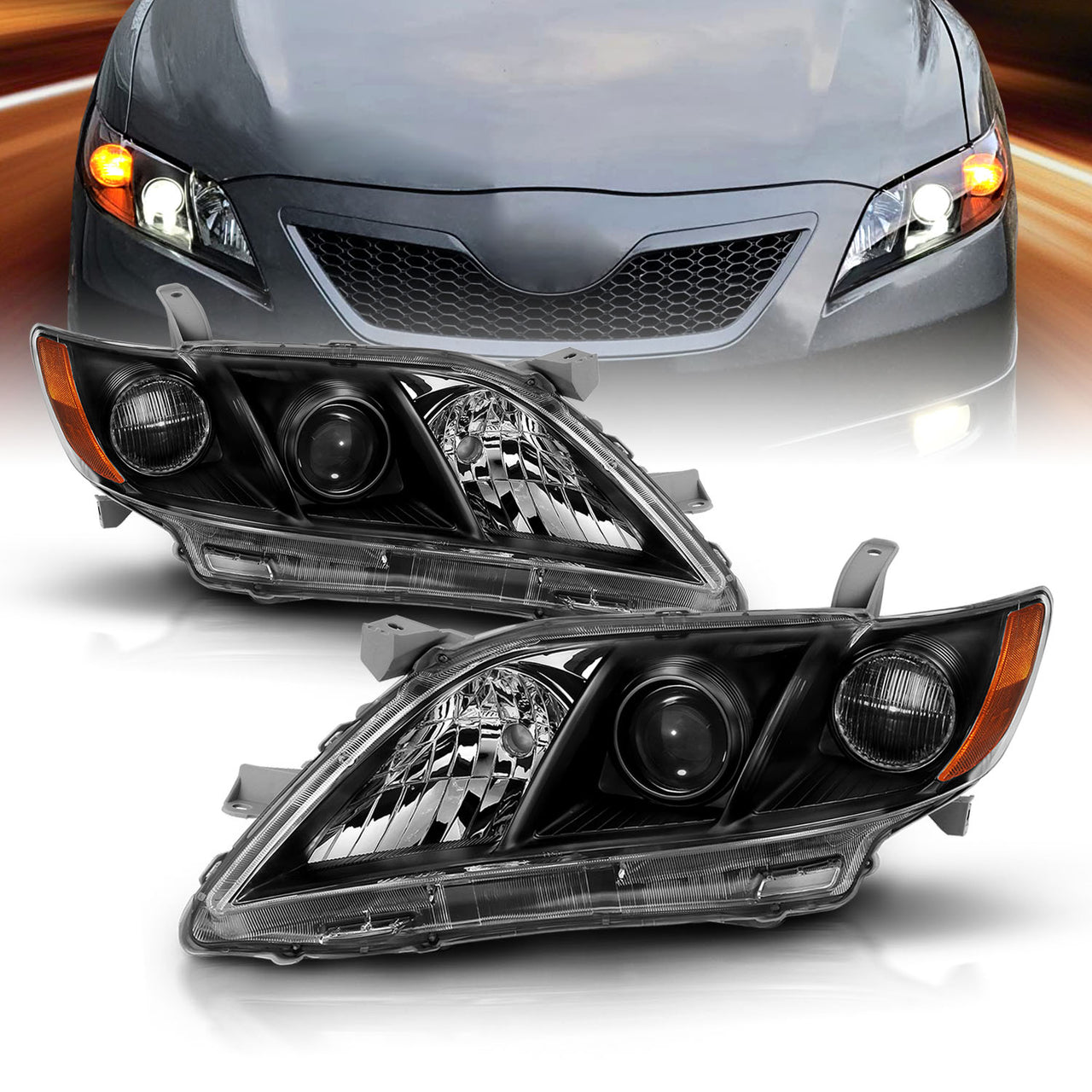 TOYOTA CAMRY 07-09 HEADLIGHTS BLACK AMBER (OE STYLE)