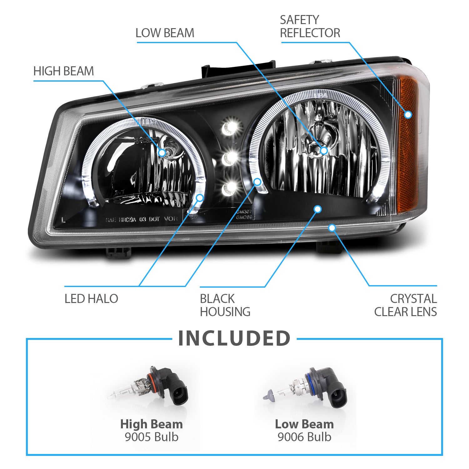 CHEVY SILVERADO 03-06 HEADLIGHTS BLACK 2 HALO W/ LED AMBER