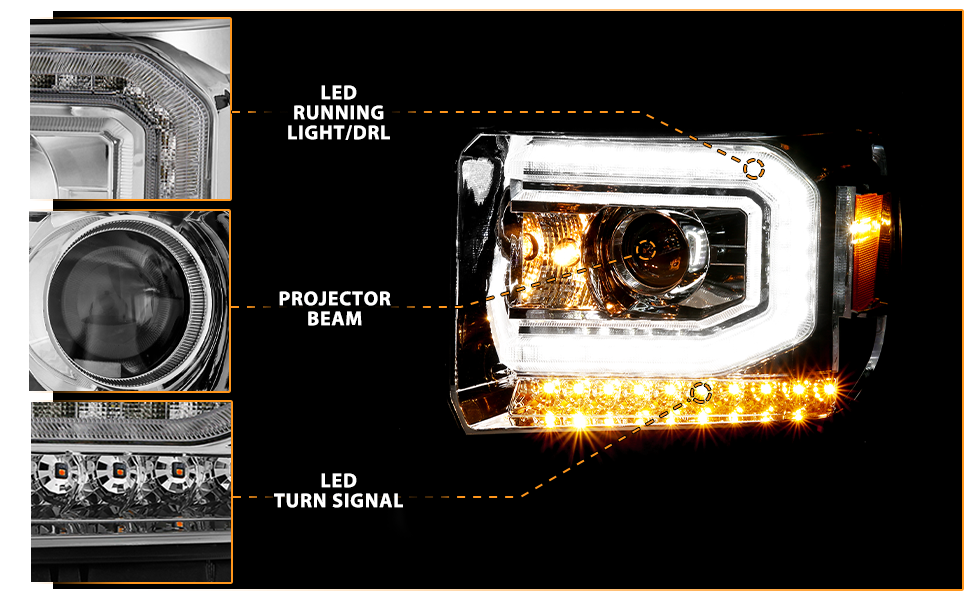 GMC SIERRA 1500 14-15/ 2500HD/3500HD 15-19 PROJECTOR嚙?HEADLIGHTS LIGHT BAR CHROME嚙?HALOGEN TYPE MODEL W/ FACTORY DRL)