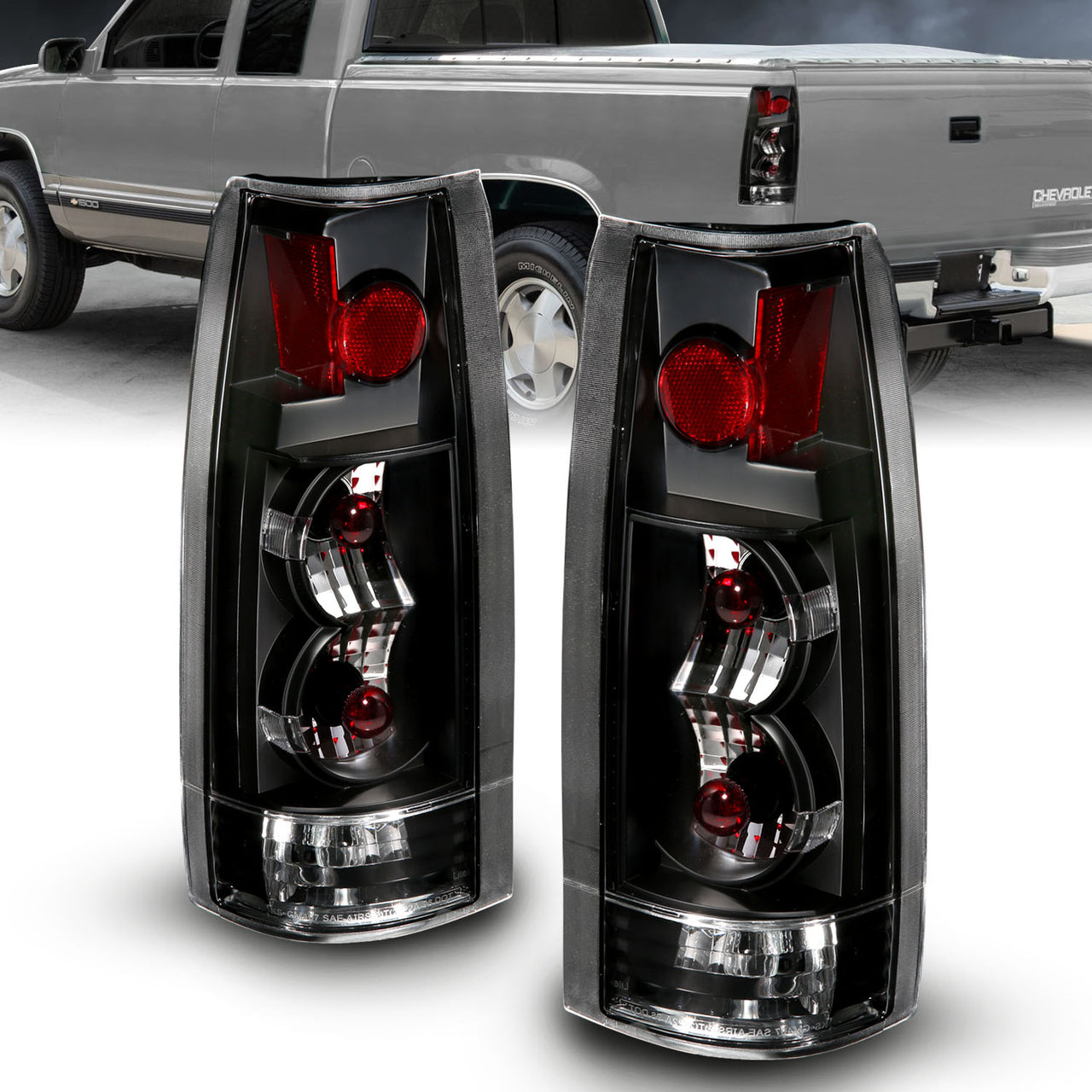 Chevy/GMC C/K 1500/2500/3500 88-99, SUBURBAN/YUKON 92-00, TAHOE 94-00, BLAZER 92-94, CADILLAC ESCALADE 99-00 TAIL LIGHTS BLACK NEW VERSION