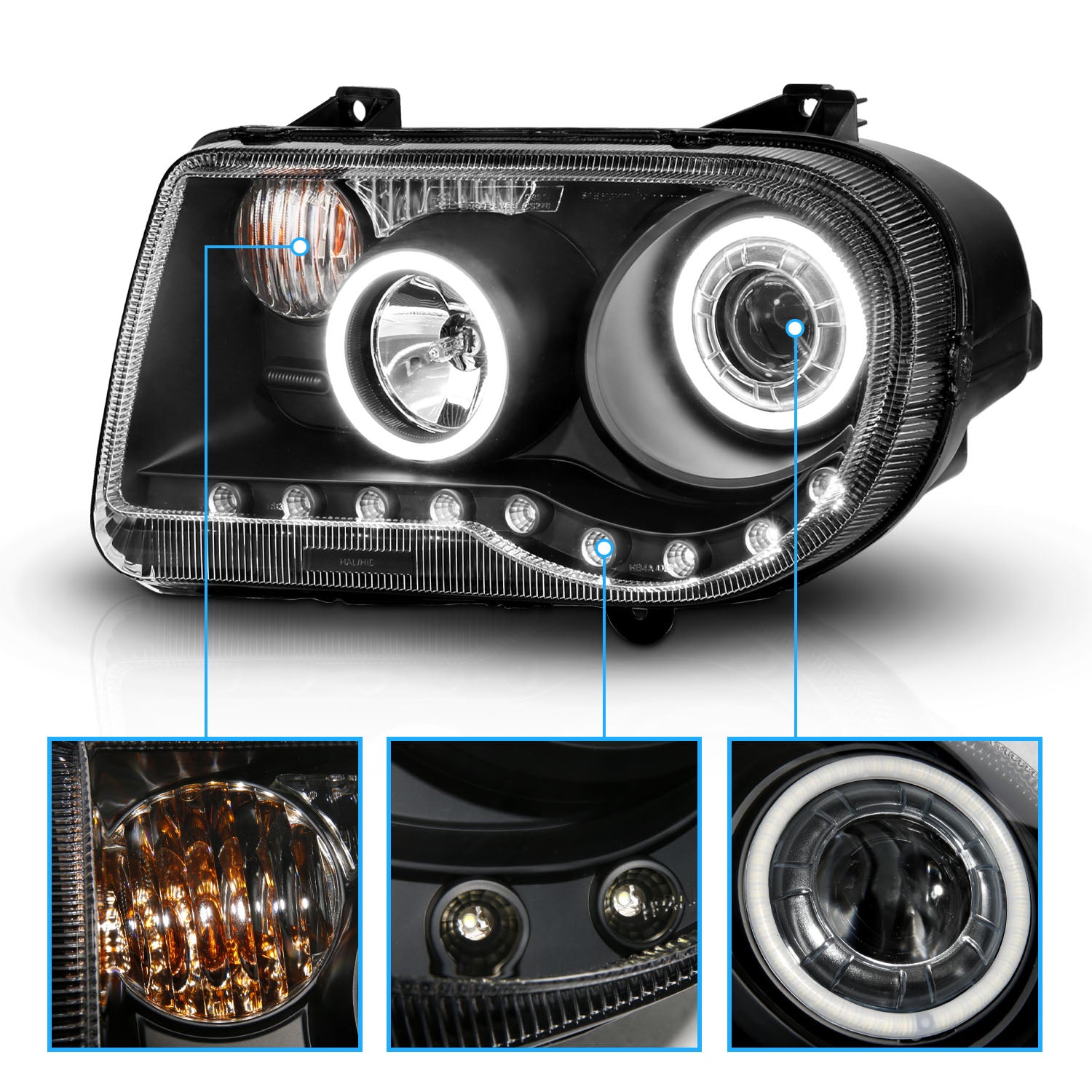 CHRYSLER 300C 05-UP PROJECTOR HEADLIGHTS G2 HALO LED BLACK (RX HALO) (W/O HID KITS) (OEM HID COMPATIBLE)