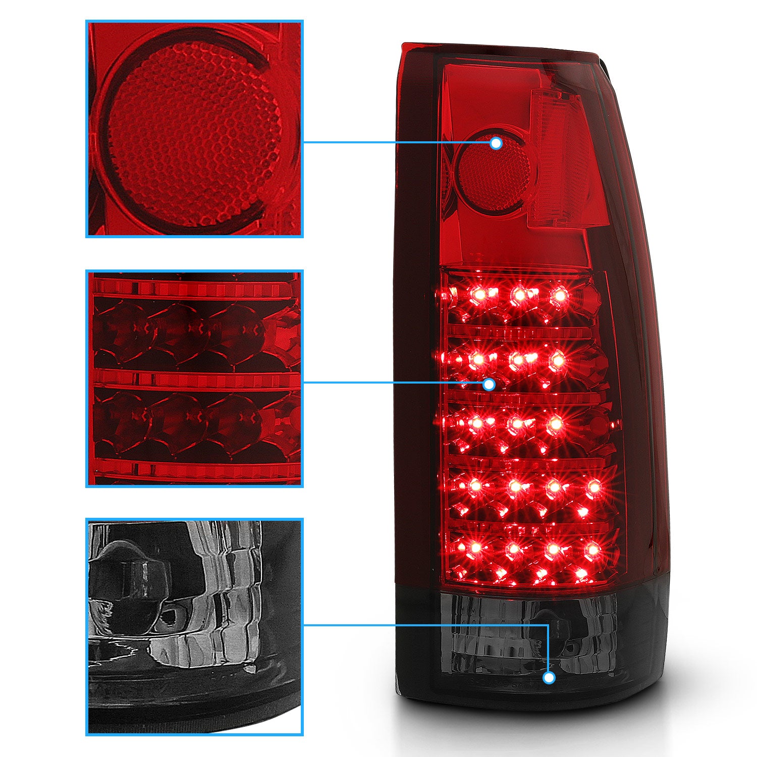 Chevy/GMC C/K 1500/2500/3500 88-99, SUBURBAN/YUKON 92-00, TAHOE 94-00, BLAZER 92-94, CADILLAC ESCALADE 99-00 LED TAIL LIGHTS CHROME HOUSING RED/SMOKE LENS