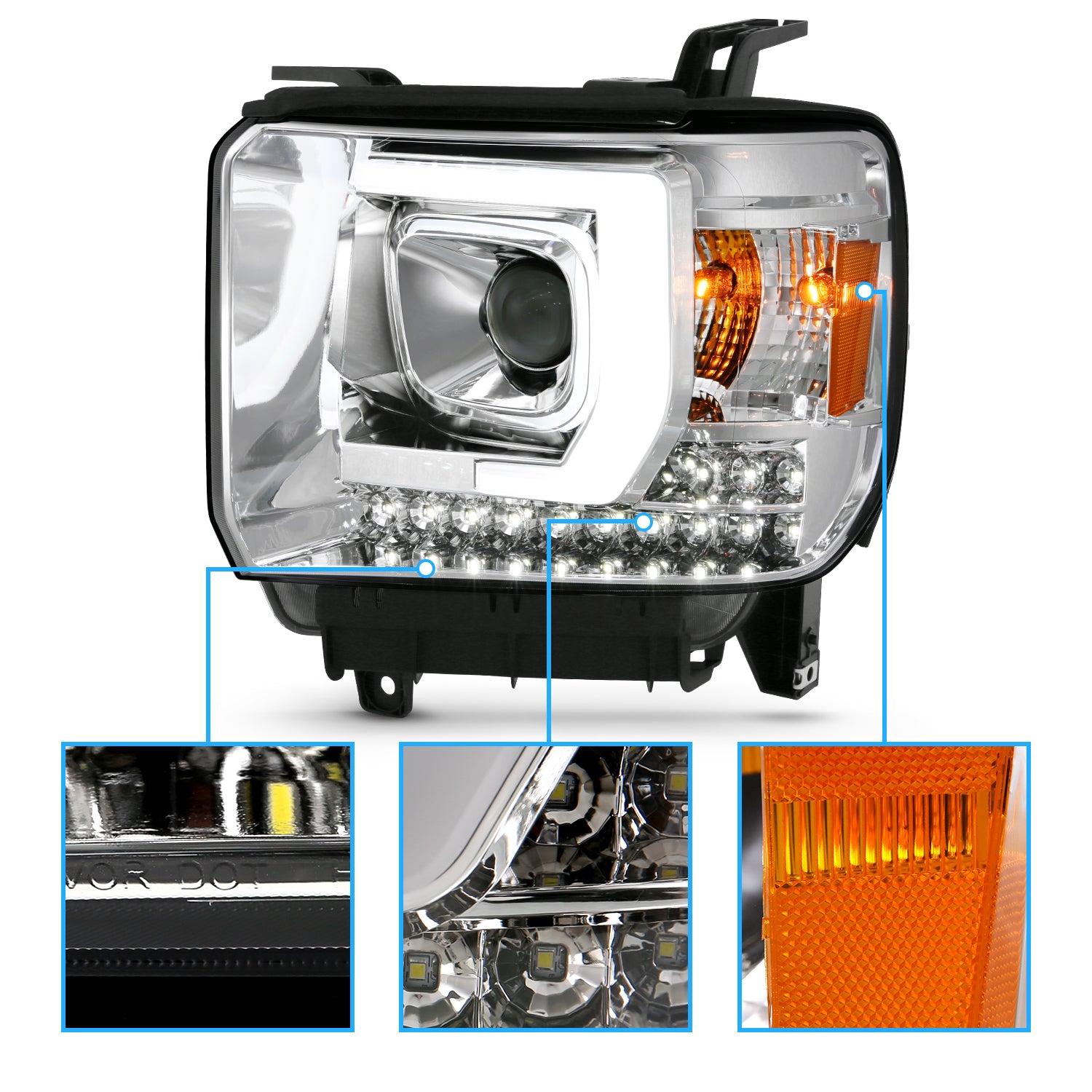 GMC SIERRA 1500嚙?4-15/2500HD/3500HD 15-19 PROJECTOR嚙?LIGHT BAR STYLE HEADLIGHTS CHROME W/ DRL嚙?HALOGEN TYPE MODEL W/O FACTORY DRL)