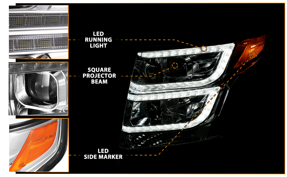 CHEVY TAHOE/SUBURBAN 15-19 PROJECTOR LIGHT BAR STYLE HEADLIGHTS CHROME AMBER (W/ DRL)