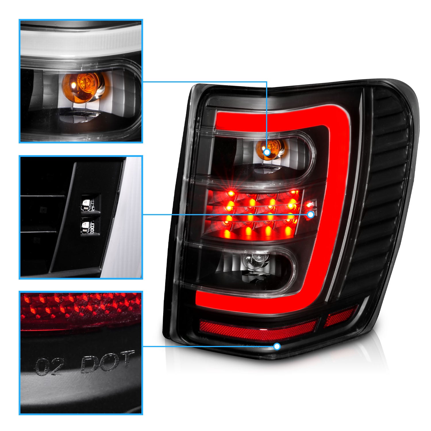 JEEP GRAND CHEROKEE 99-04 LED TAIL LIGHTS BLACK HOUSING CLEAR LENS W/ C LIGHT BAR