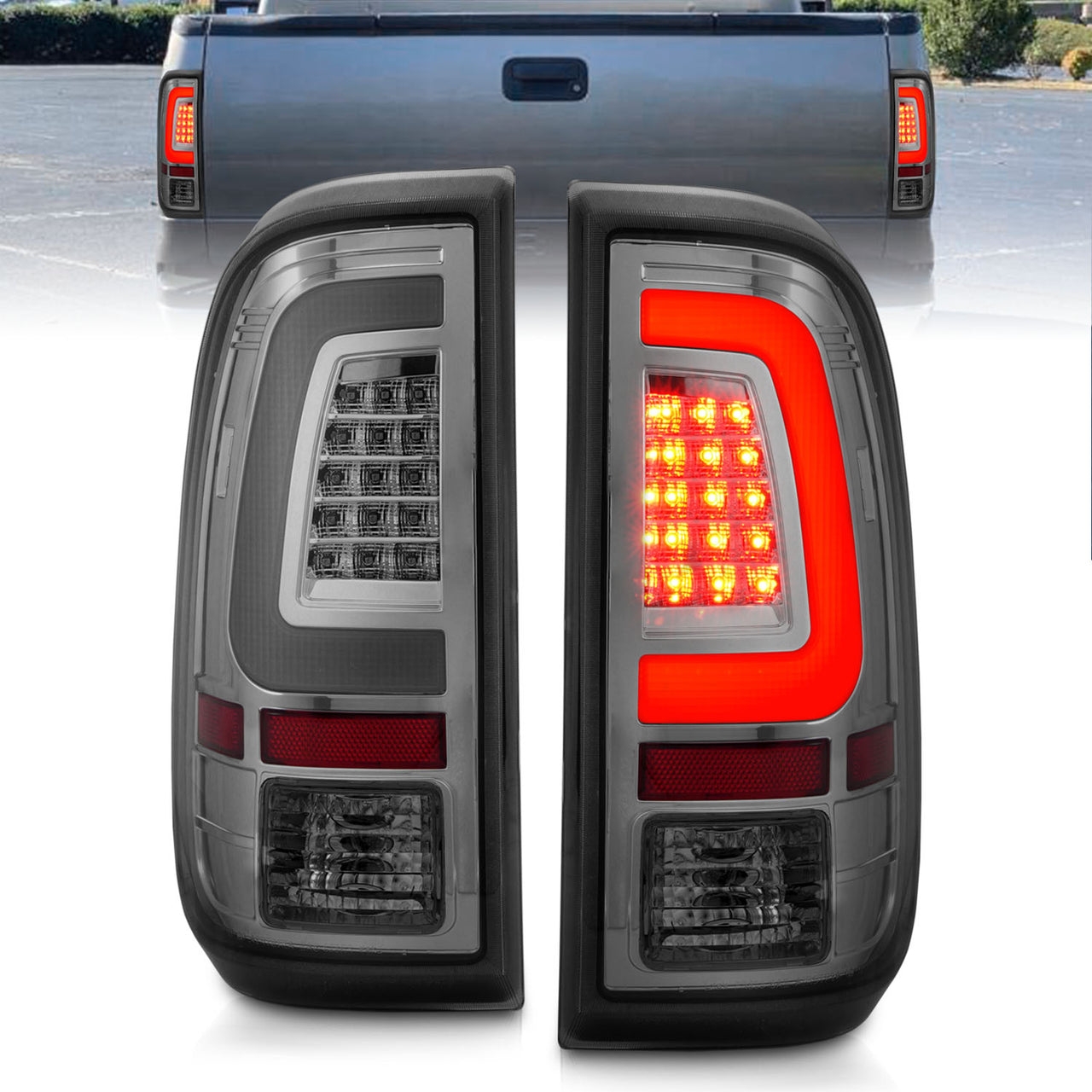 FORD F-250/SUPER DUTY 08-16 LED TAIL LIGHTS CHROME HOUSING SMOKE LENS W/ C LIGHTS BAR