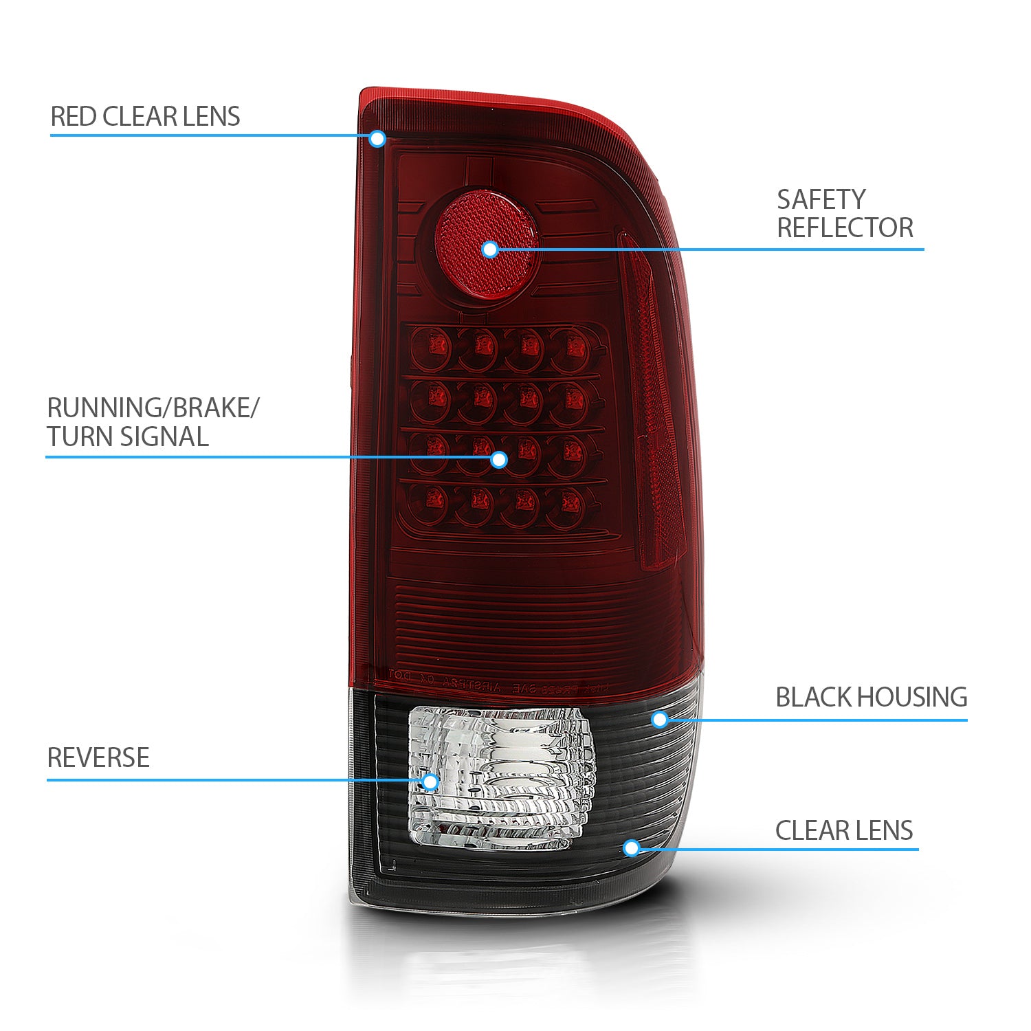 FORD F-150/F250 97-04 STYLESIDE/SUPER DUTY 99-07 LED TAILLIGHTS  BLACK HOUSING RED LENS  REFLECTOR