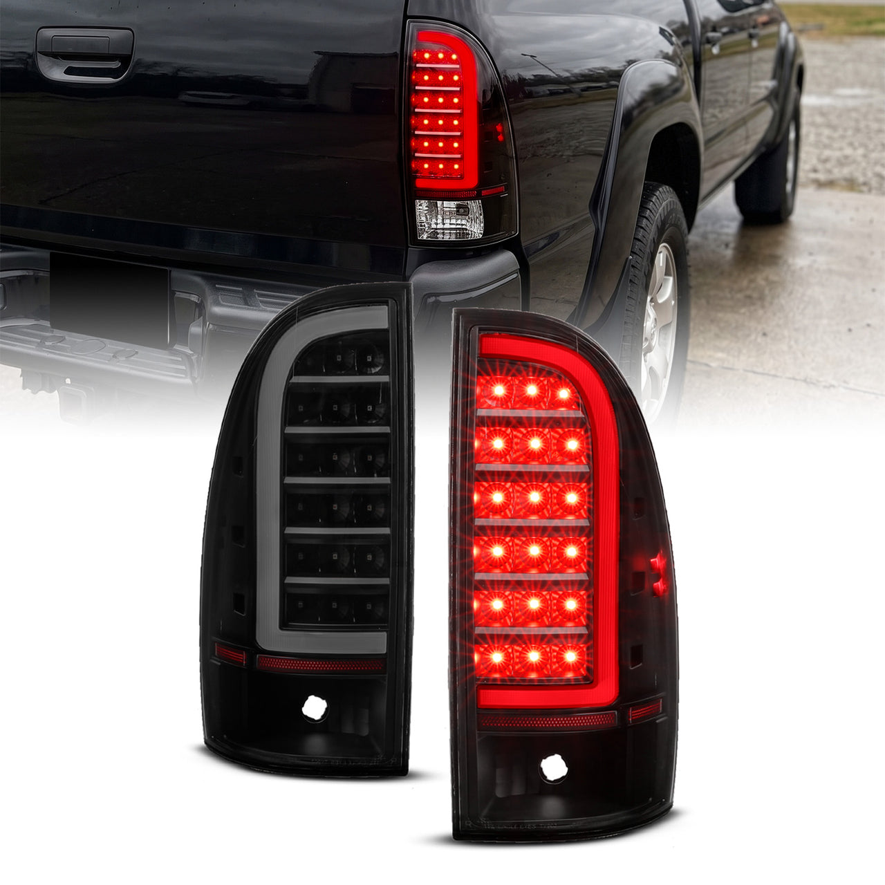 TOYOTA TACOMA 05-15 LED TAIL LIGHTS BLACK HOUSING SMOKE LENS (W/ C LIGHT BAR)