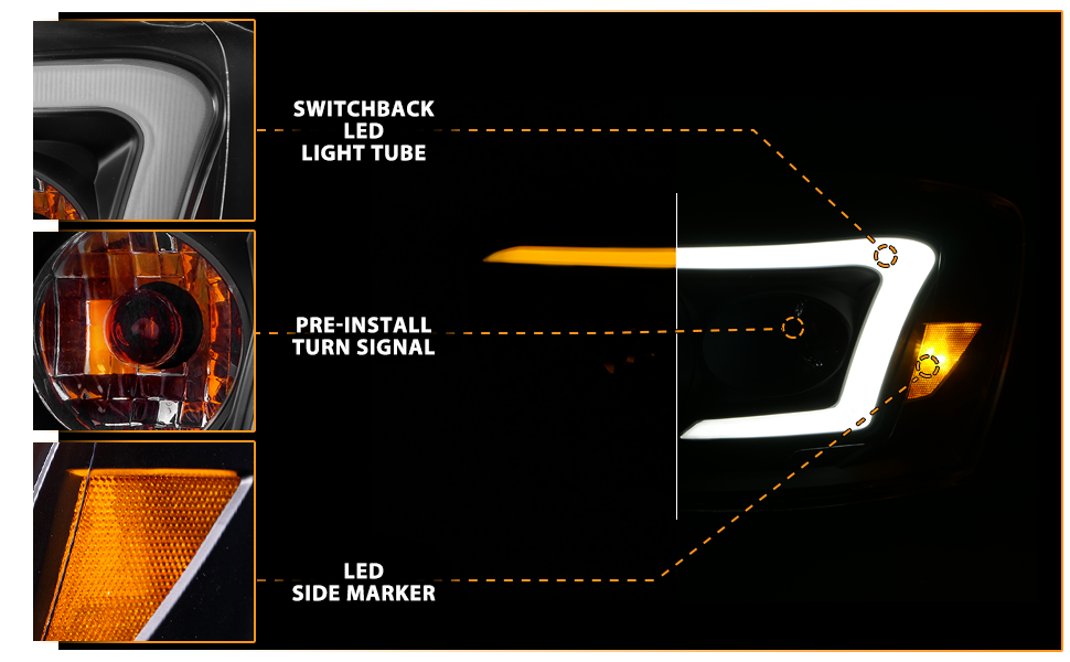 DODGE RAM 1500 06-08/ 2500/3500 06-09   SWITCHBACK HEADLIGHTS BLACK AMBER (W/ C LIGHT BAR)