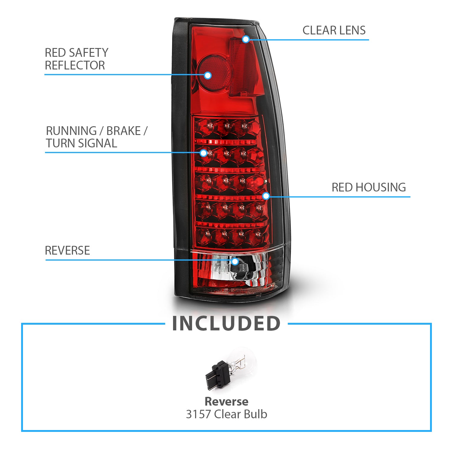 Chevy/GMC C/K 1500/2500/3500 88-99, SUBURBAN/YUKON 92-00, TAHOE 94-00, BLAZER 92-94, CADILLAC ESCALADE 99-00 LED TAIL LIGHTS RED HOUSING CRYSTAL LENS (NEW STYLE)