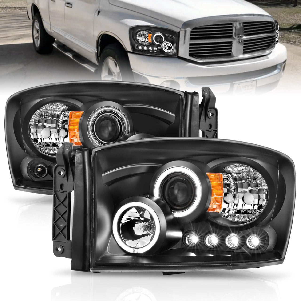 DODGE RAM 1500 06-08/ 2500/3500 06-09  PROJECTOR HEADLIGHTS HALO BLACK CLEAR AMBER
