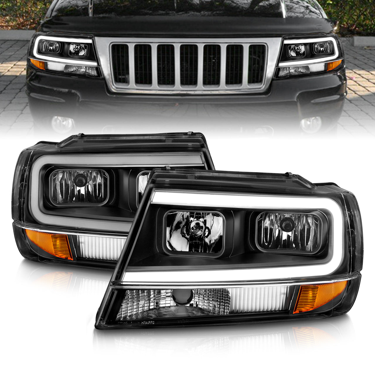 JEEP GRAND CHEROKEE 99-04 HEADLIGHTS BLACK AMBER (W/ C LIGHT BAR)