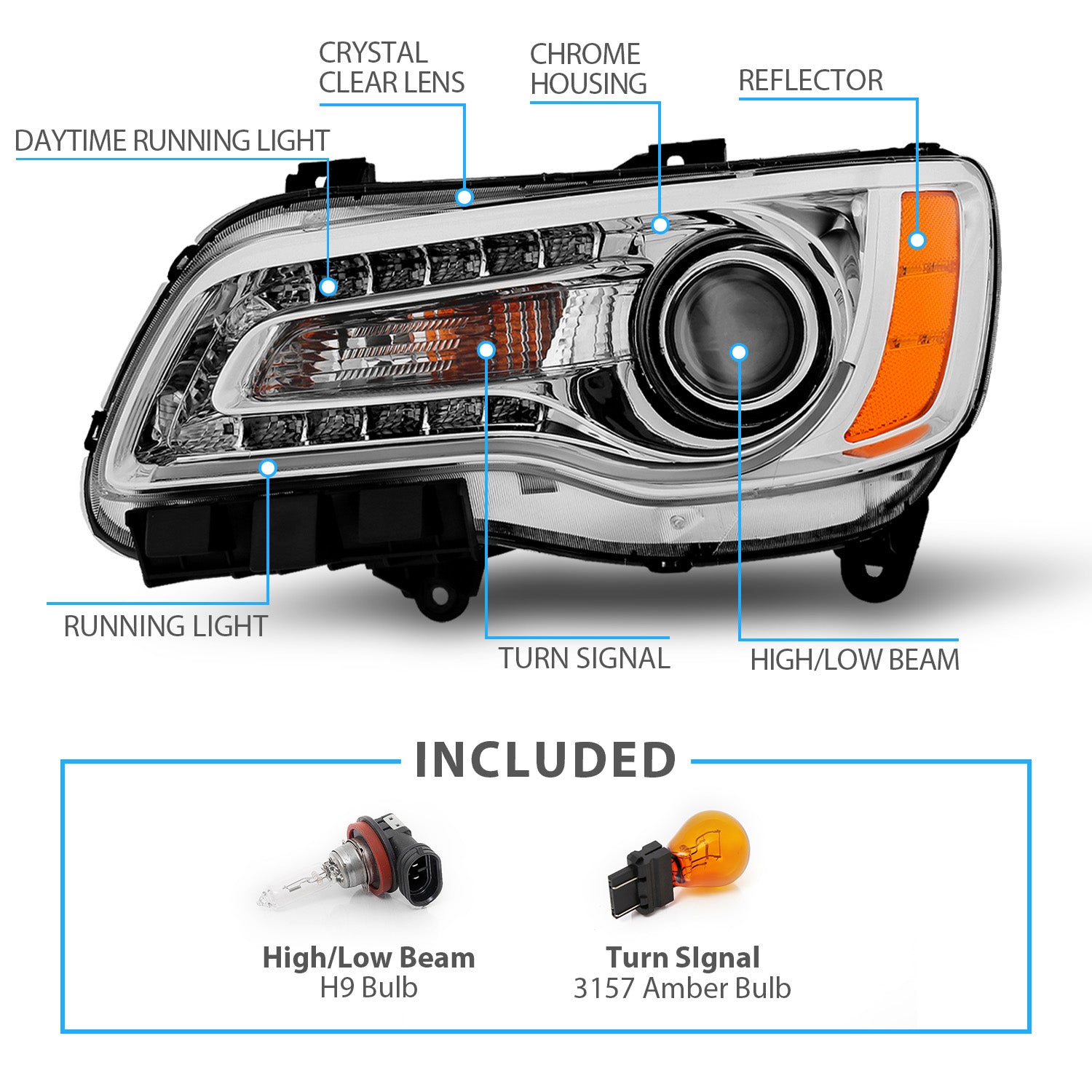 CHRYSLER 300 11-UP PROJECTOR LIGHT BAR STYLE HEADLIGHTS CHROME CLEAR AMBER