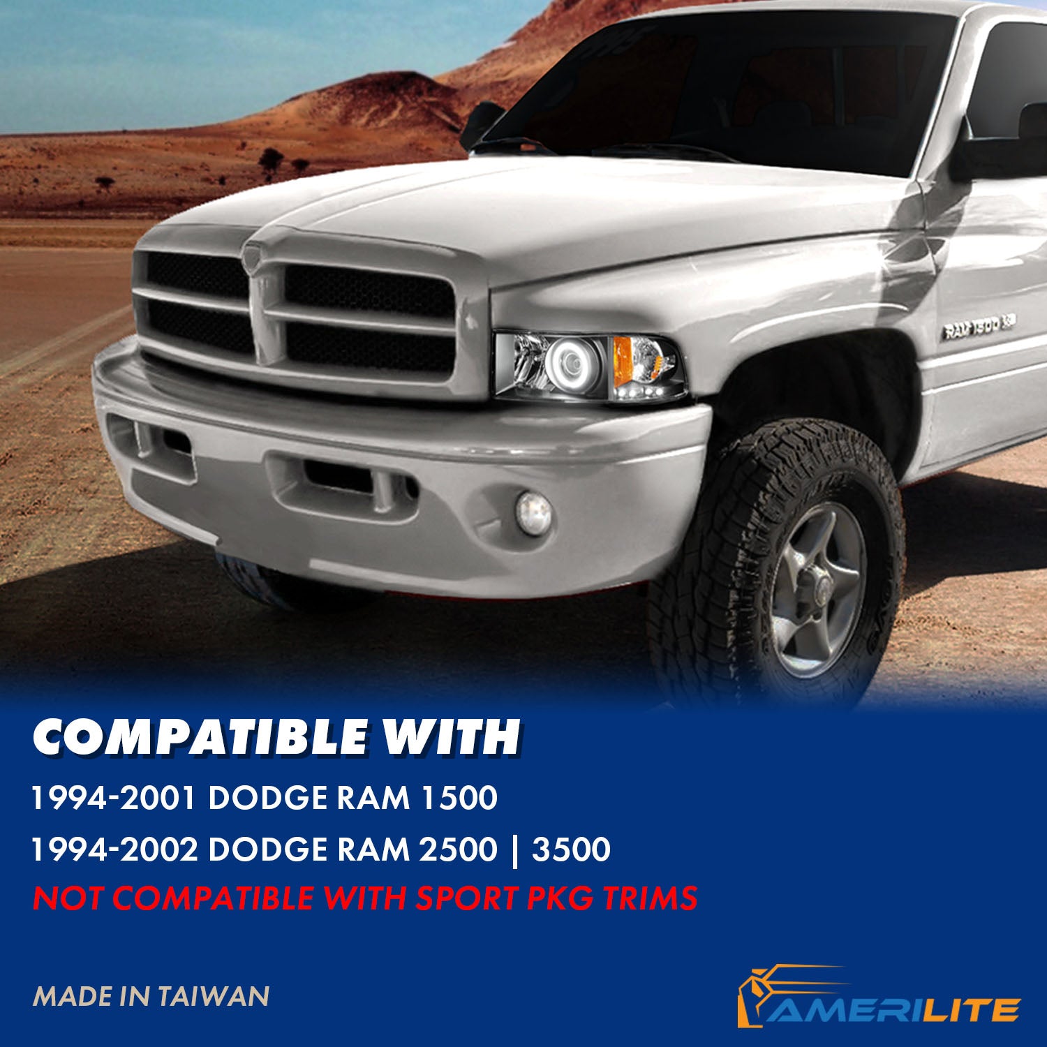 DODGE RAM 94-01 PROJECTOR HEADLIGHTS HALO BLACK CLEAR AMBER (RX HALO)