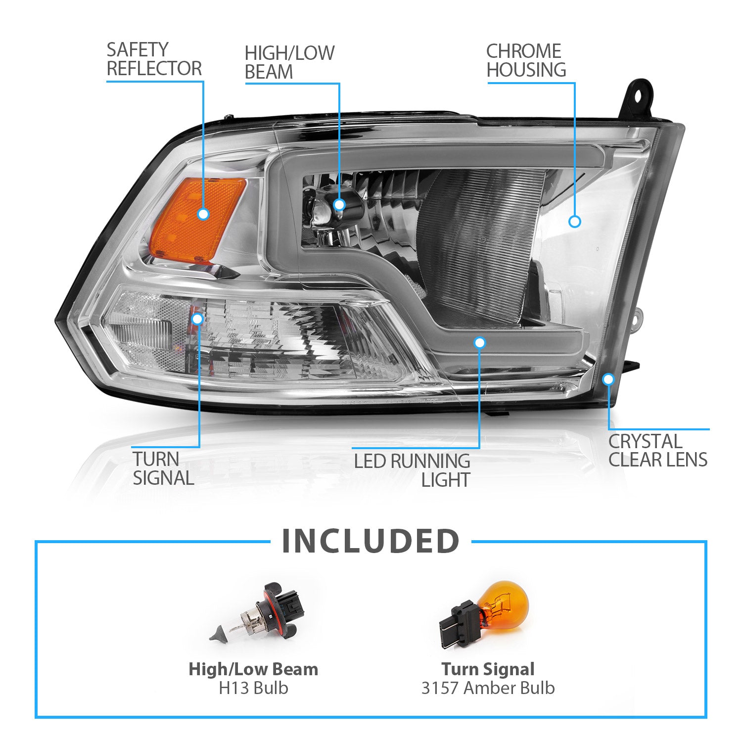 DODGE RAM 09-20 LIGHT BAR STYLE HEADLIGHTS CHROME HOUSING G2 AMBER (HALOGEN TYPE)
