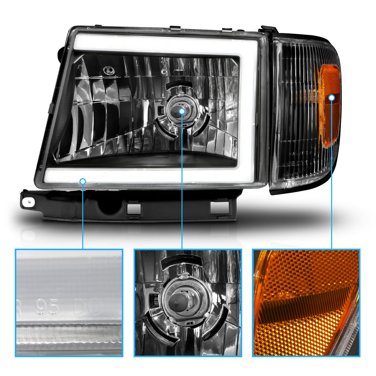 TOYOTA TACOMA 2WD (W/ PRERUNNER) 97-00 / 4WD 98-00 HEADLIGHTS BLACK (W/SIDE MARKERS) (W/ C LIGHT BAR)