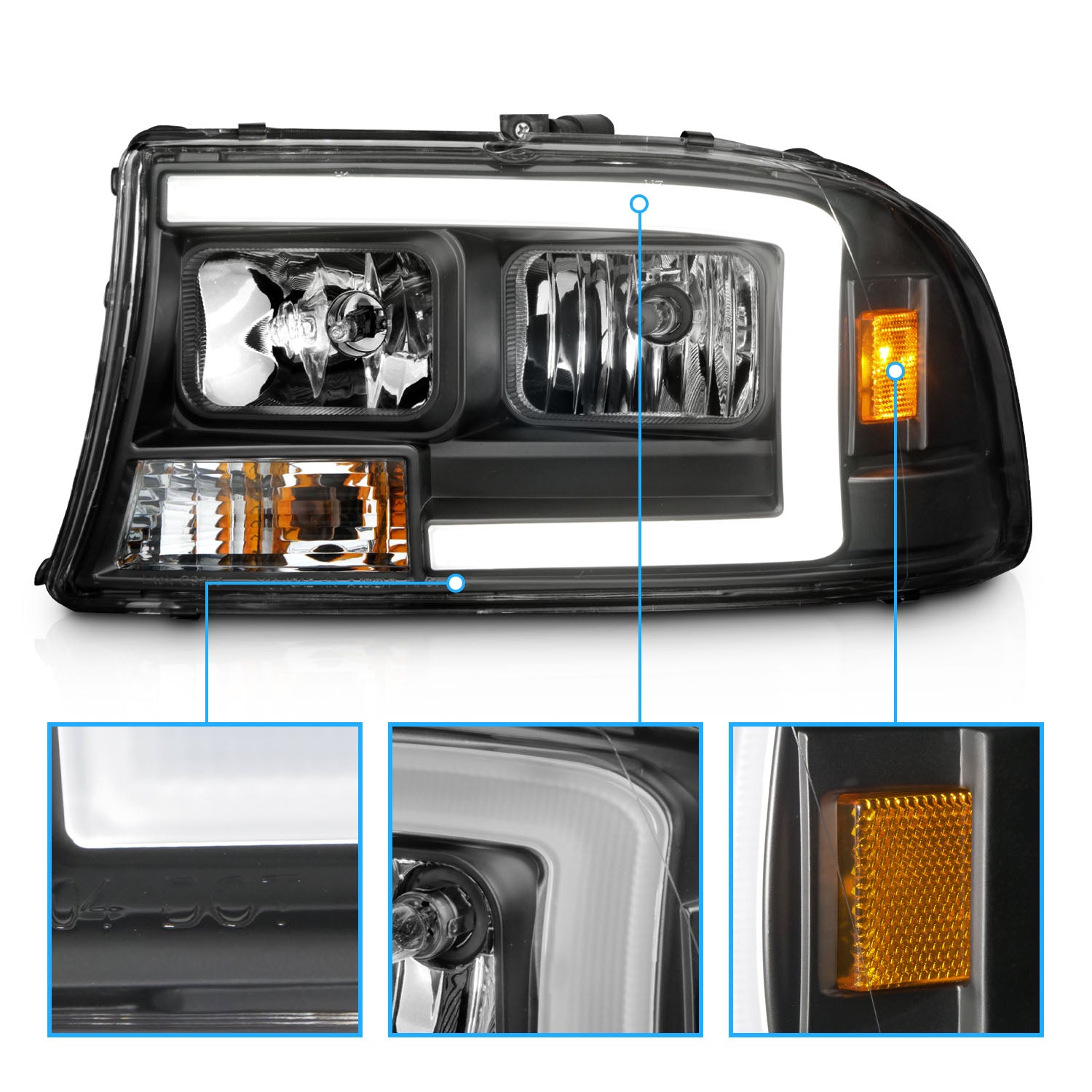 DODGE DAKOTA/DURANGO 97-04/98-03 HEADLIGHTS BLACK W/C LIGHT BAR
