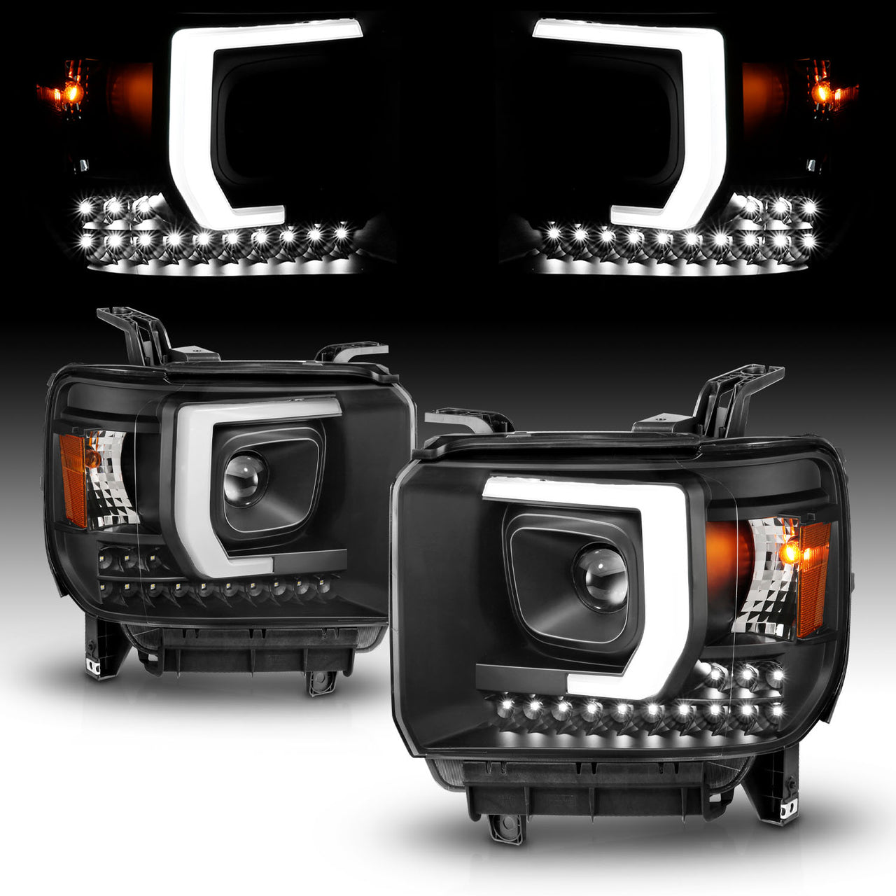 GMC SIERRA 1500 14-15 /2500HD/3500HD 15-19 PROJECTOR LIGHT BAR STYLE HEADLIGHTS BLACK W/ DRL HALOGEN TYPE MODEL W/O FACTORY DRL)