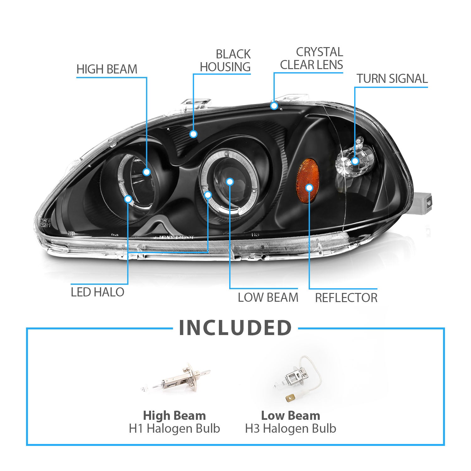 HONDA CIVIC 96-98 PROJECTOR HEADLIGHTS HALO BLACK CLEAR AMBER