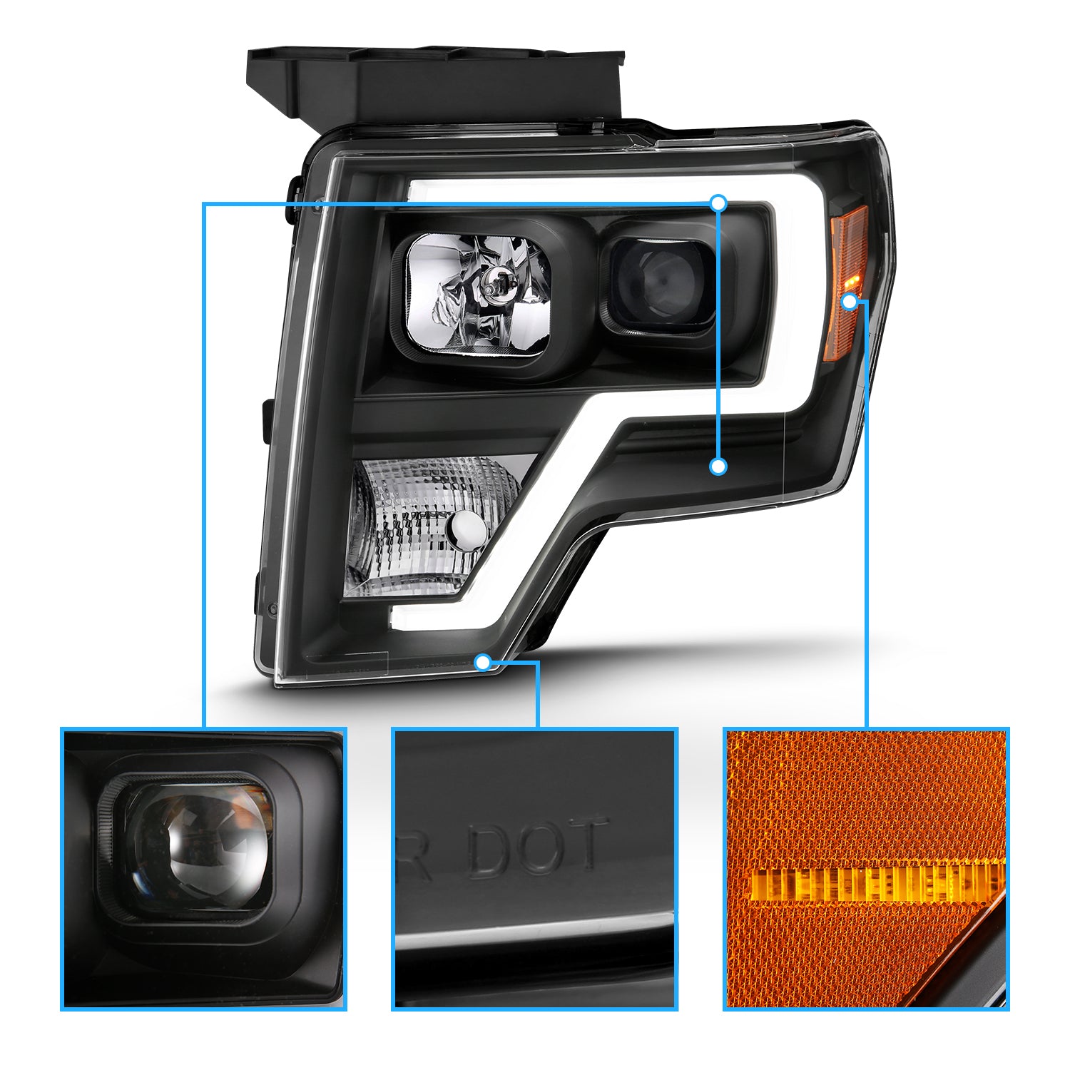 FORD F-150 09-13 PROJECTOR LIGHT BAR STYLE HEADLIGHTS BLACK AMBER