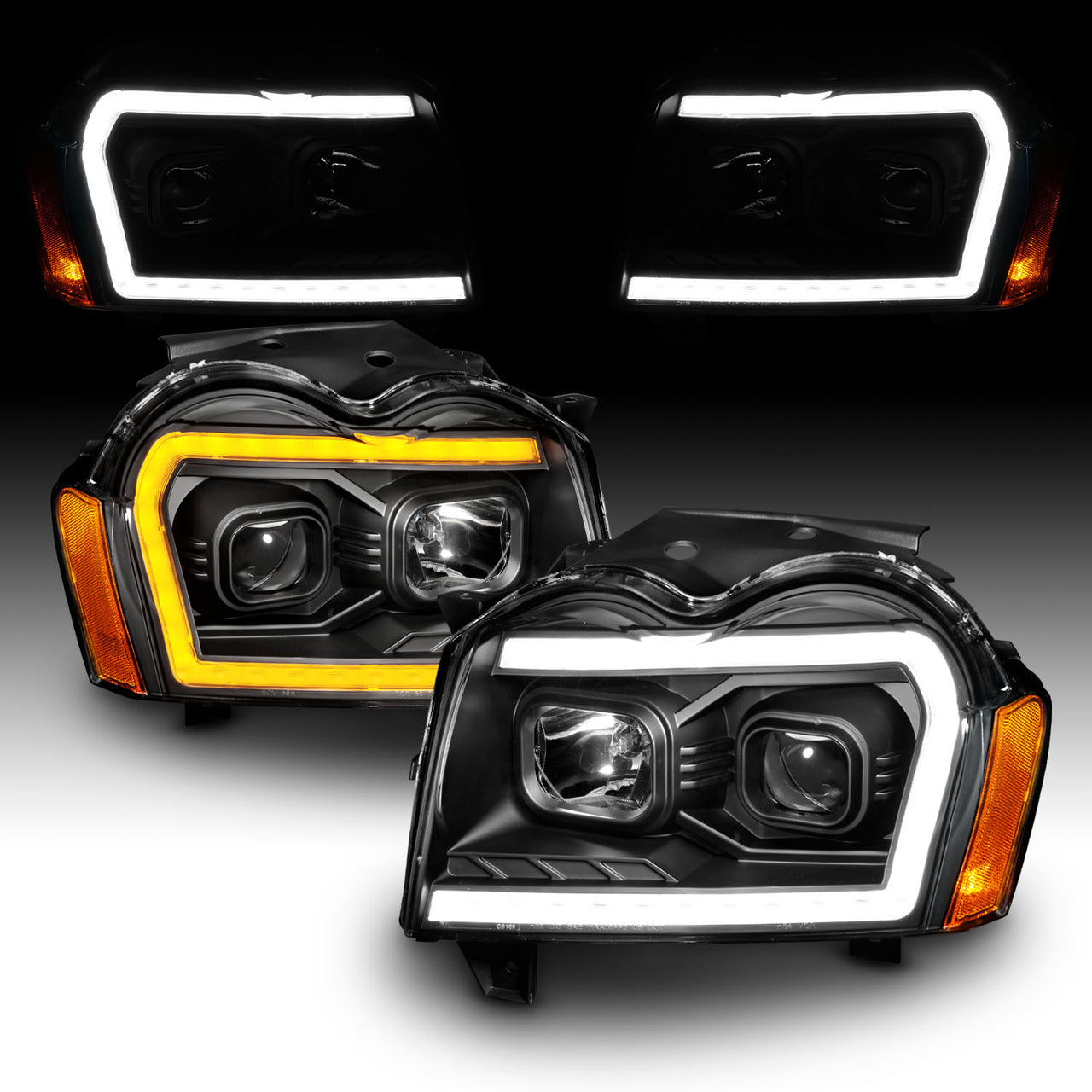 JEEP GRAND CHEROKEE 05-07 PROJECTOR SWITCHBACK HEADLIGHTS BLACK AMBER (W/ C LIGHT BAR)