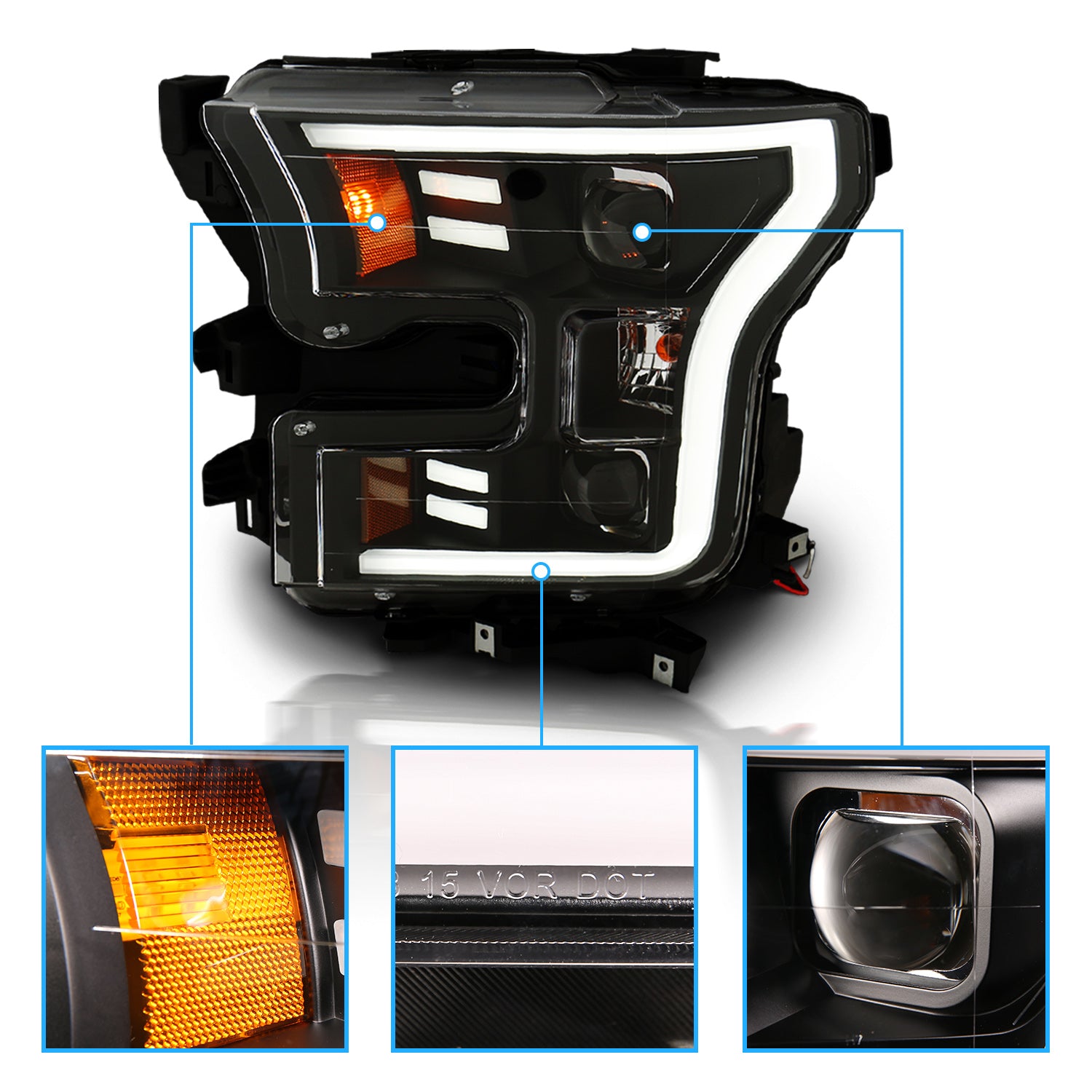 FORD F-150 15-17 PROJECTOR LIGHT BAR STYLE HEADLIGHTS G3 BLACK AMBER